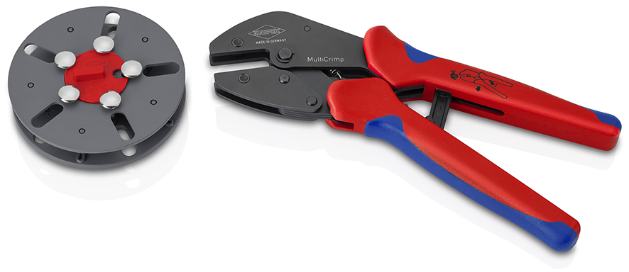 KNIPEX 97 33 LE MultiCrimp® Crimpzange mit Wechselmagazin, leer mit Mehrkomponenten-Hüllen brüniert 250 mm