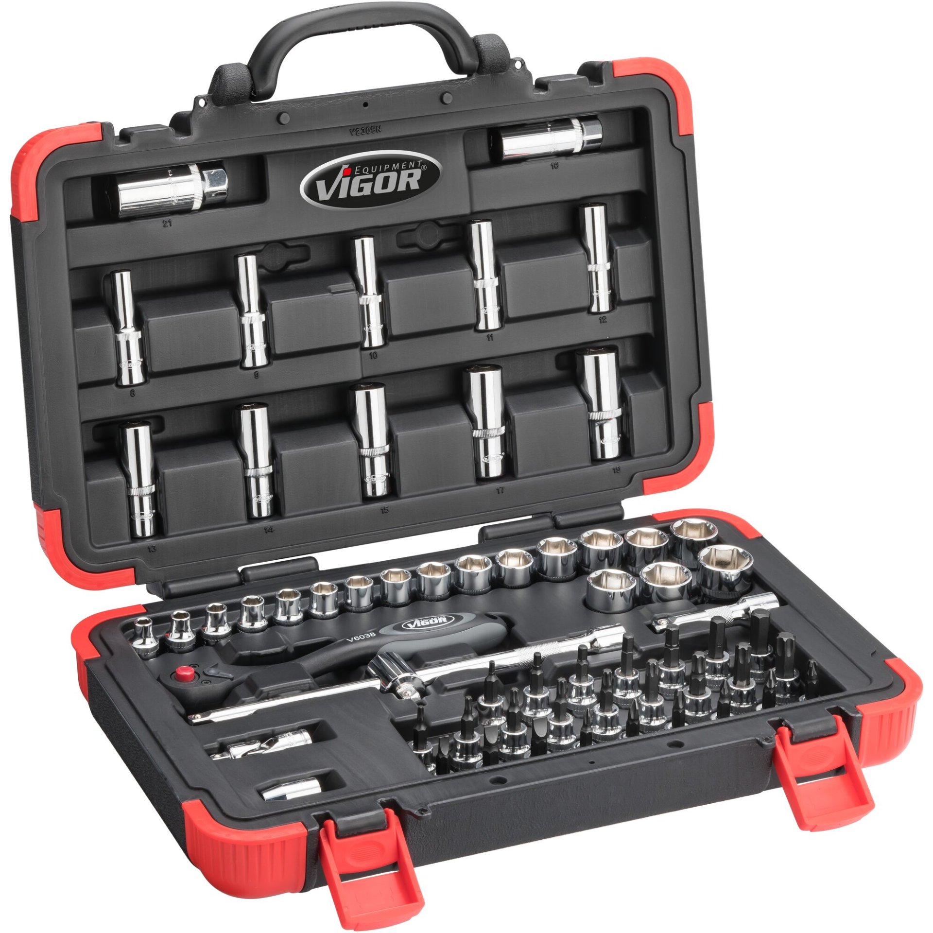 VIGOR Steckschlüssel-Satz V2305N, 61-tlg., 3/8", Sechskant, Inbus, TORX®, PH, PZ und Schlitz