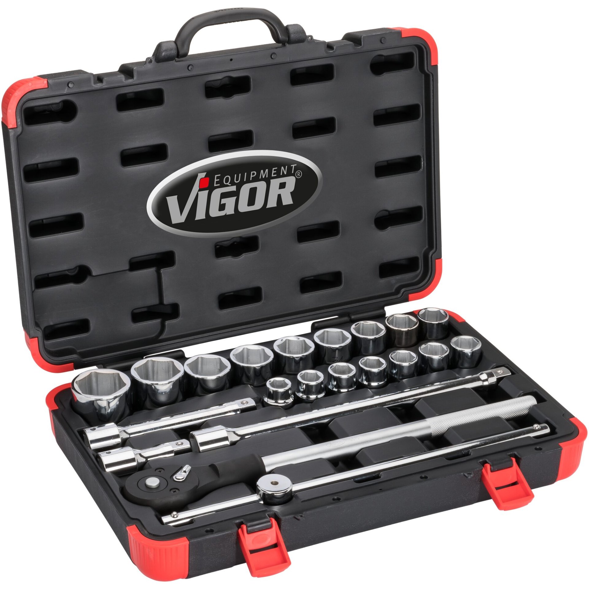 VIGOR Steckschlüssel-Satz ∙ V2318N ∙ 3/4 Zoll (20 mm) Vierkant hohl ∙ Außenprofil Sechskant ∙ 21-teilig ∙ 19 – 50 ∙ Anzahl Werkzeuge: 21