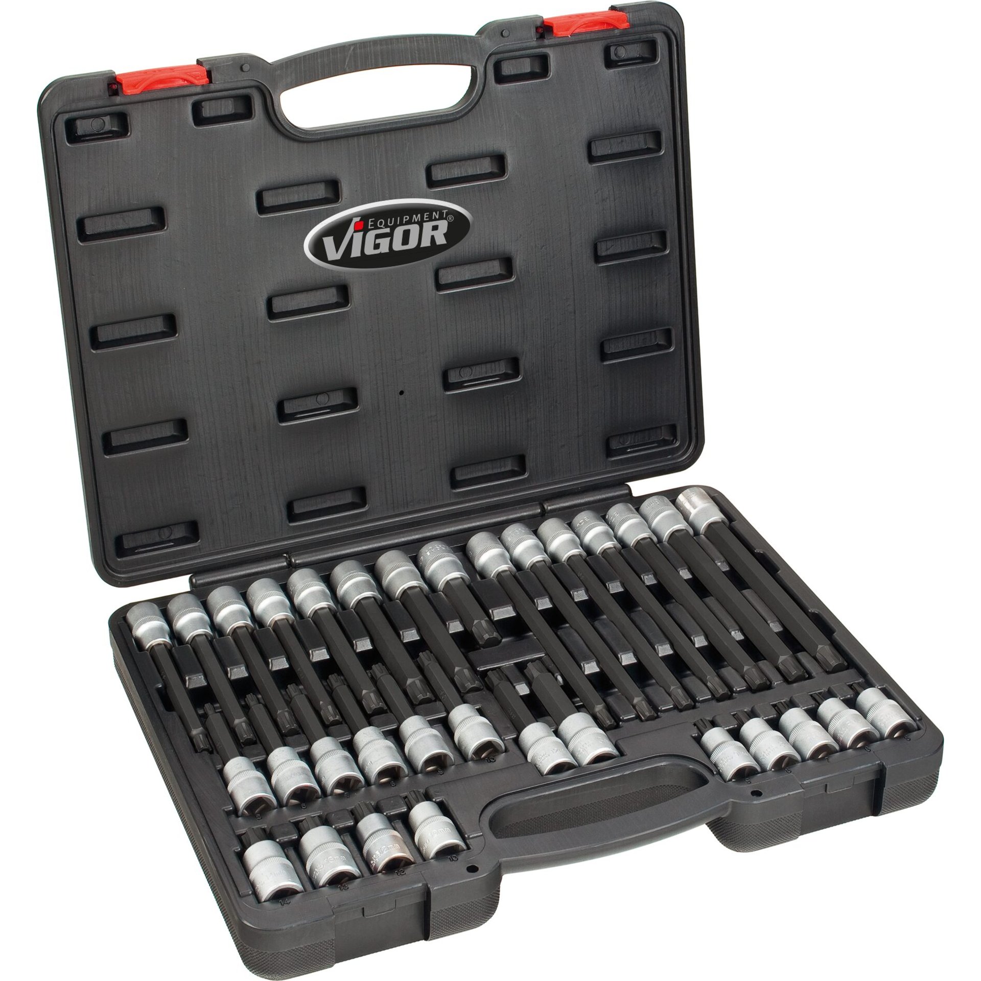 VIGOR Schraubendrehereinsatz-Satz ∙ V2201 ∙ 1/2 Zoll (12,5 mm) Vierkant hohl ∙ Innen Keilprofil Ribe-CV ∙ 32-teilig ∙ M5 – M14 ∙ Anzahl Werkzeuge: 32
