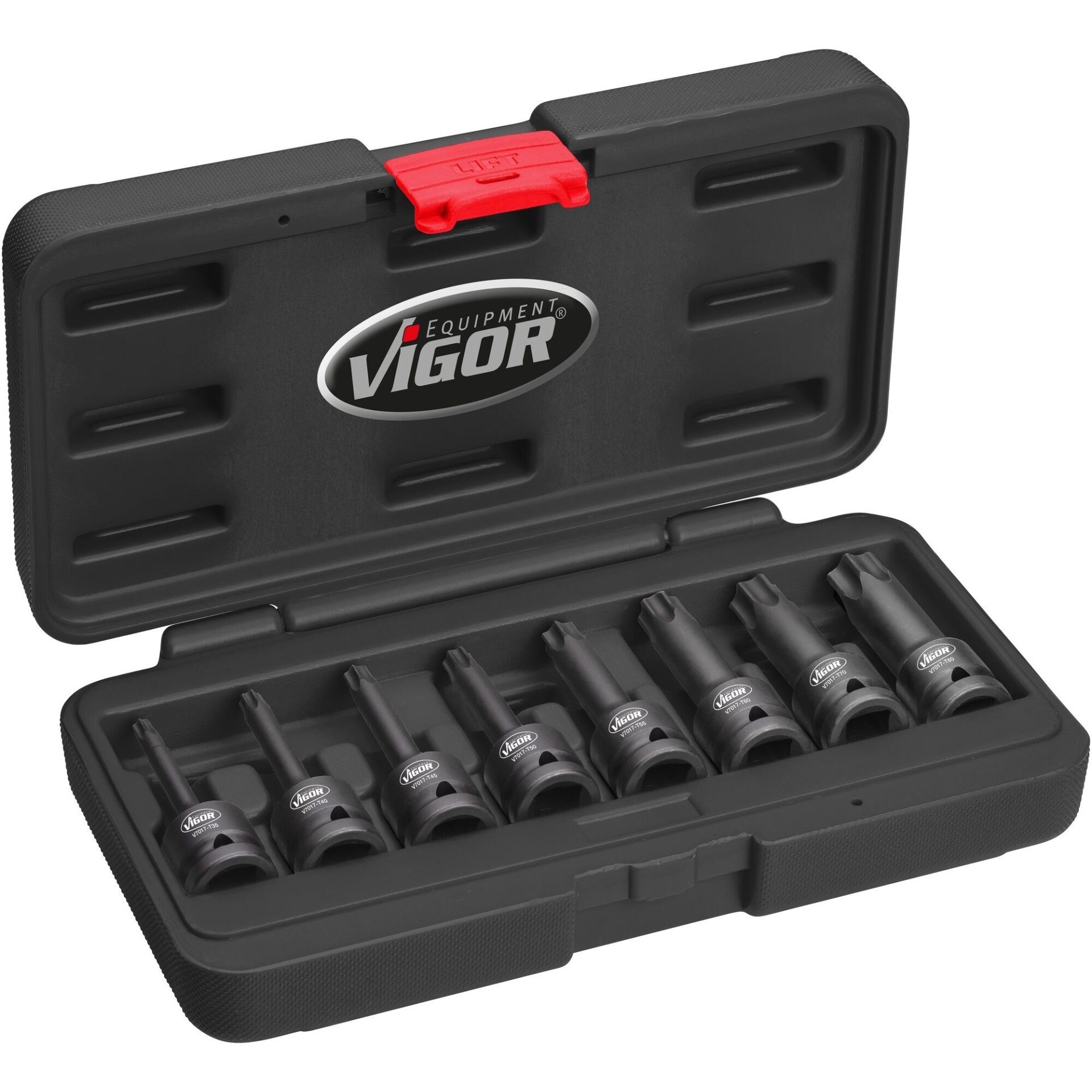 VIGOR Schlagschrauber Schraubendrehereinsatz-Satz ∙ V7017 ∙ 1/2 Zoll (12,5 mm) Vierkant hohl ∙ Innen TORX® Profil ∙ 8-teilig ∙ T30 – T80 ∙ Anzahl Werkzeuge: 8