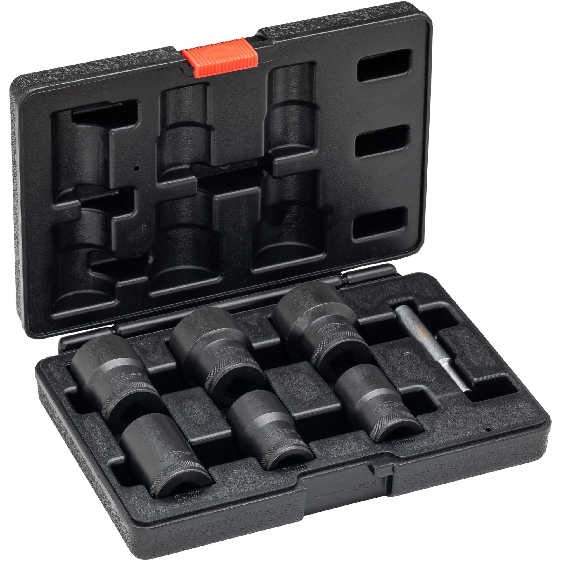 VIGOR Spiralnutenausdreher-Einsatz-Satz ∙ V3741N ∙ 1/2 Zoll (12,5 mm) Vierkant hohl ∙ Außenprofil Schraubenausdreher ∙ 6-teilig ∙ 21 ∙ 22 ∙ 24 ∙ 27 ∙ 30 ∙ 32 mm ∙ Anzahl Werkzeuge: 6