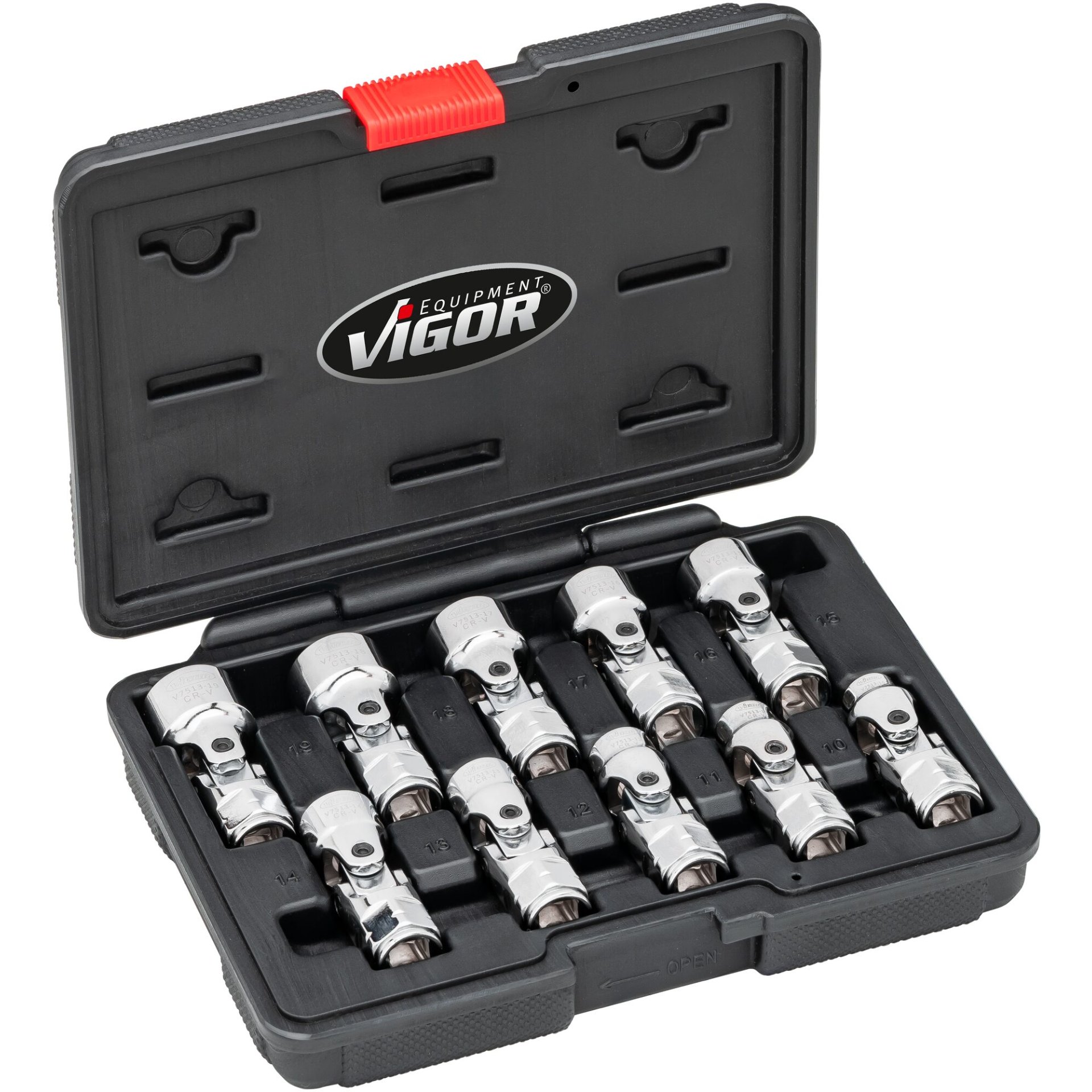 VIGOR Gelenksteckschlüssel-Satz ∙ V7513 ∙ 3/8 Zoll (10 mm) Vierkant hohl ∙ Außenprofil Doppelsechskant ∙ 10-teilig ∙ 10 – 19 mm ∙ Anzahl Werkzeuge: 10