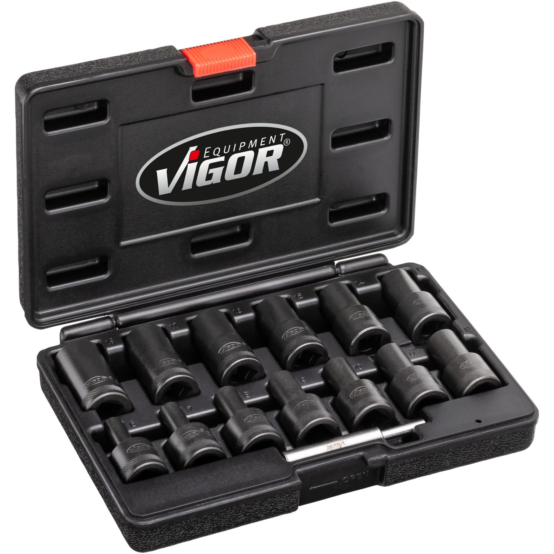 VIGOR Spiralnutenausdreher-Einsatz-Satz ∙ V2404N ∙ 1/2 Zoll (12,5 mm) Vierkant hohl ∙ Außenprofil Schraubenausdreher ∙ 13-teilig ∙ 6 – 19 mm ∙ Anzahl Werkzeuge: 13