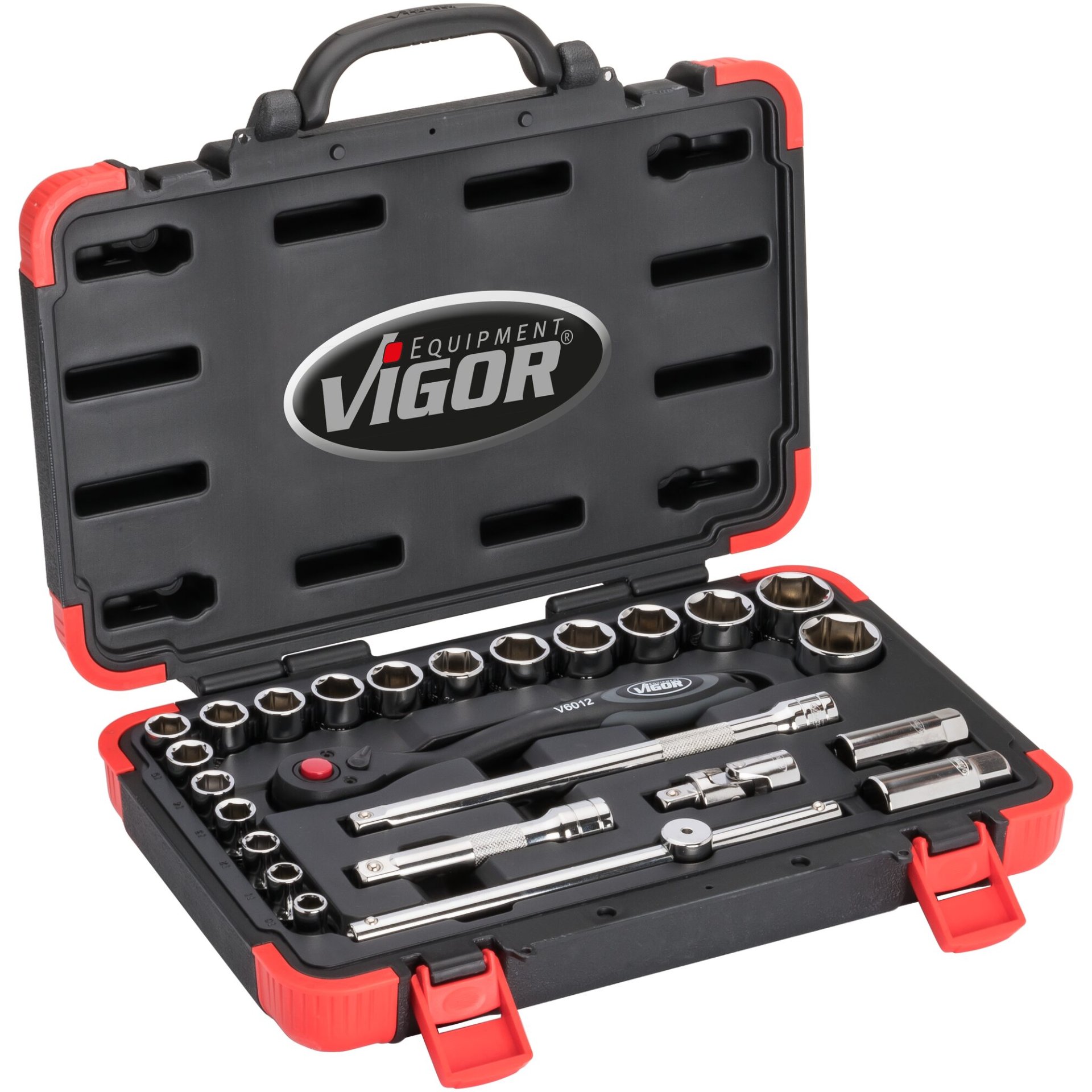 VIGOR Steckschlüssel-Satz ∙ V2460N ∙ 1/2 Zoll (12,5 mm) Vierkant hohl ∙ Außenprofil Sechskant ∙ 25-teilig ∙ 10 – 32 ∙ Anzahl Werkzeuge: 25