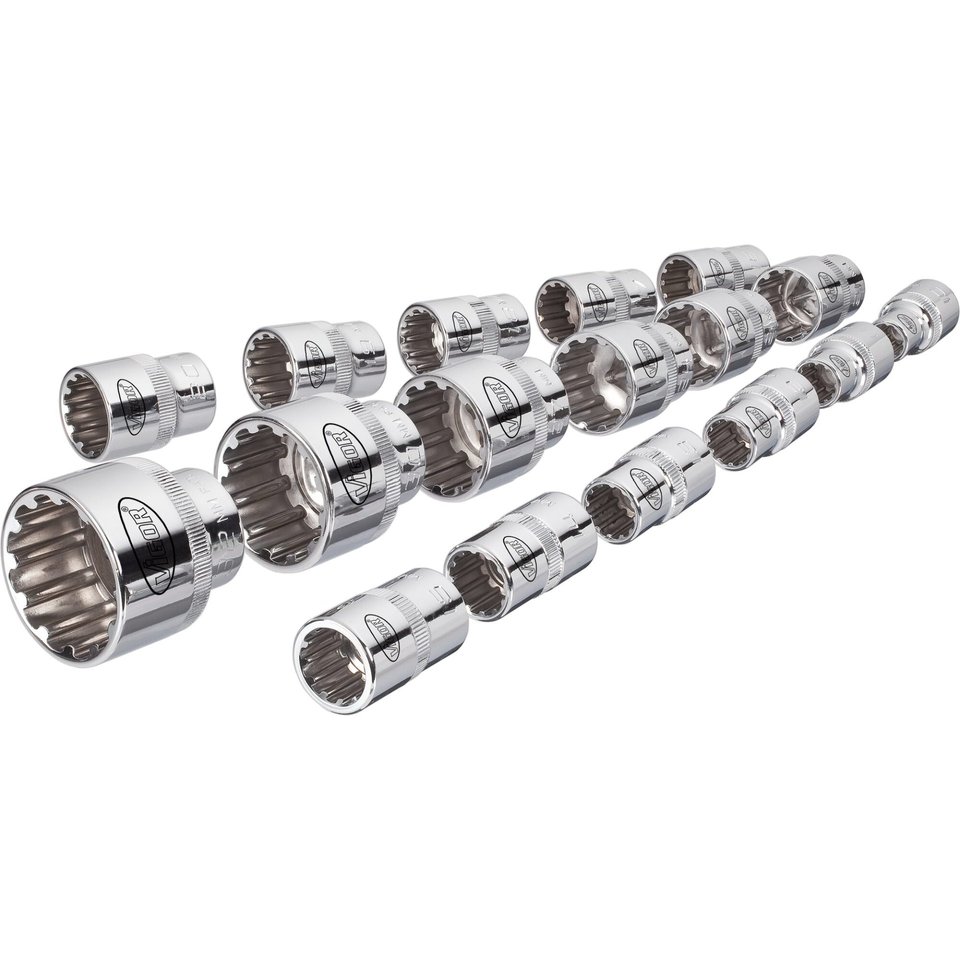 VIGOR Steckschlüsseleinsatz-Satz ∙ V1898 ∙ 1/2 Zoll (12,5 mm) Vierkant hohl ∙ Multiprofil ∙ 17-teilig ∙ 10 – 32 ∙ Anzahl Werkzeuge: 17