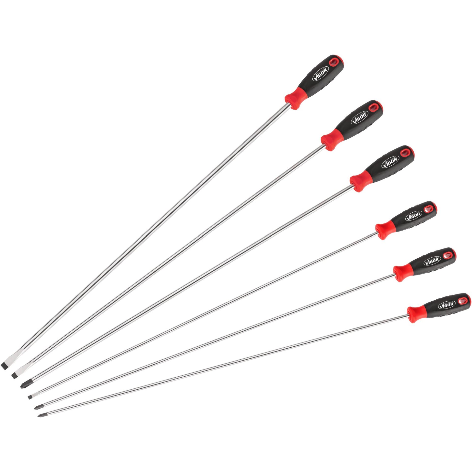 VIGOR Schraubendreher-Satz ∙ extra lang ∙ V4432/6 ∙ Kreuzschlitz Profil PH, Schlitz Profil ∙ 6-teilig ∙ 1,2 x 6 – 1,6 x 10 ∙ PH1 – PH3 ∙ Anzahl Werkzeuge: 6