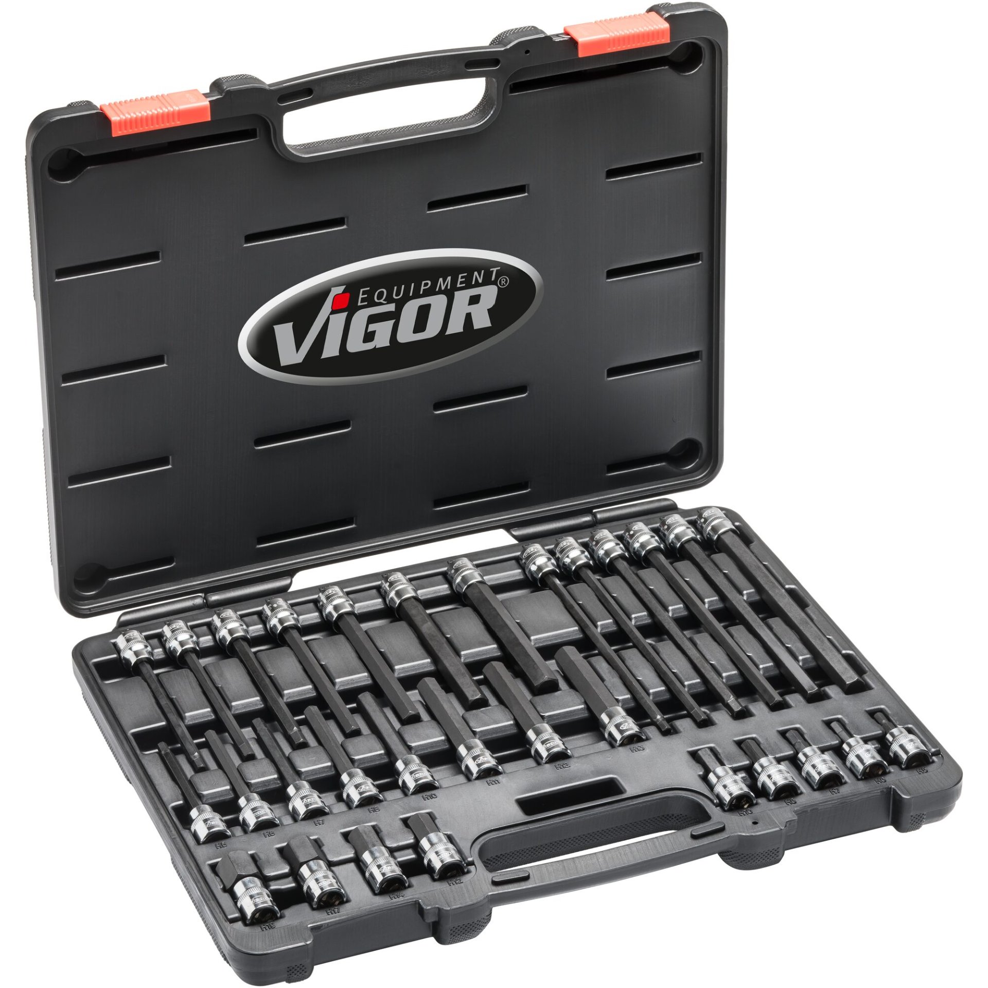 VIGOR Schraubendrehereinsatz-Satz ∙ V6019 ∙ 3/8 Zoll (10 mm) Vierkant hohl ∙ Innensechskant Profil ∙ 30-teilig ∙ 5 – 19 ∙ Anzahl Werkzeuge: 30