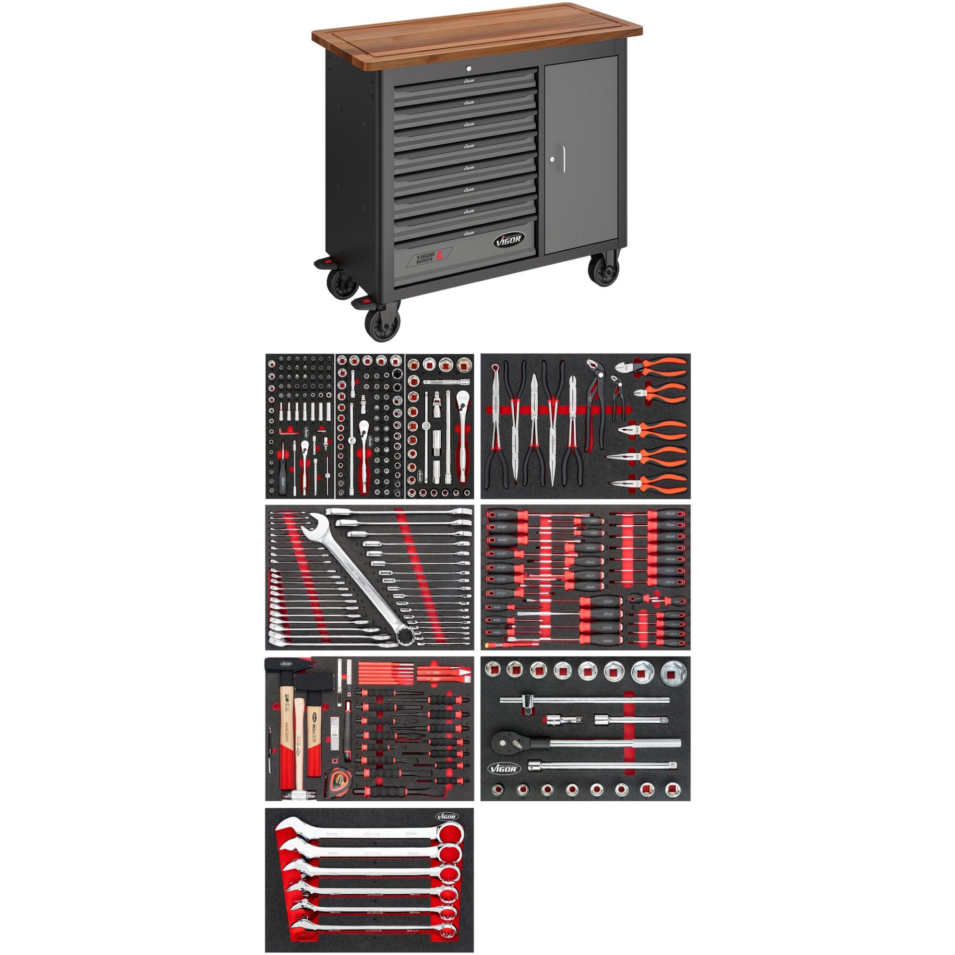 VIGOR Mobile Werkbank Series L ∙ mit Sortiment ∙ V4813/NKW ∙ 336-teilig ∙ Anzahl Werkzeuge: 336