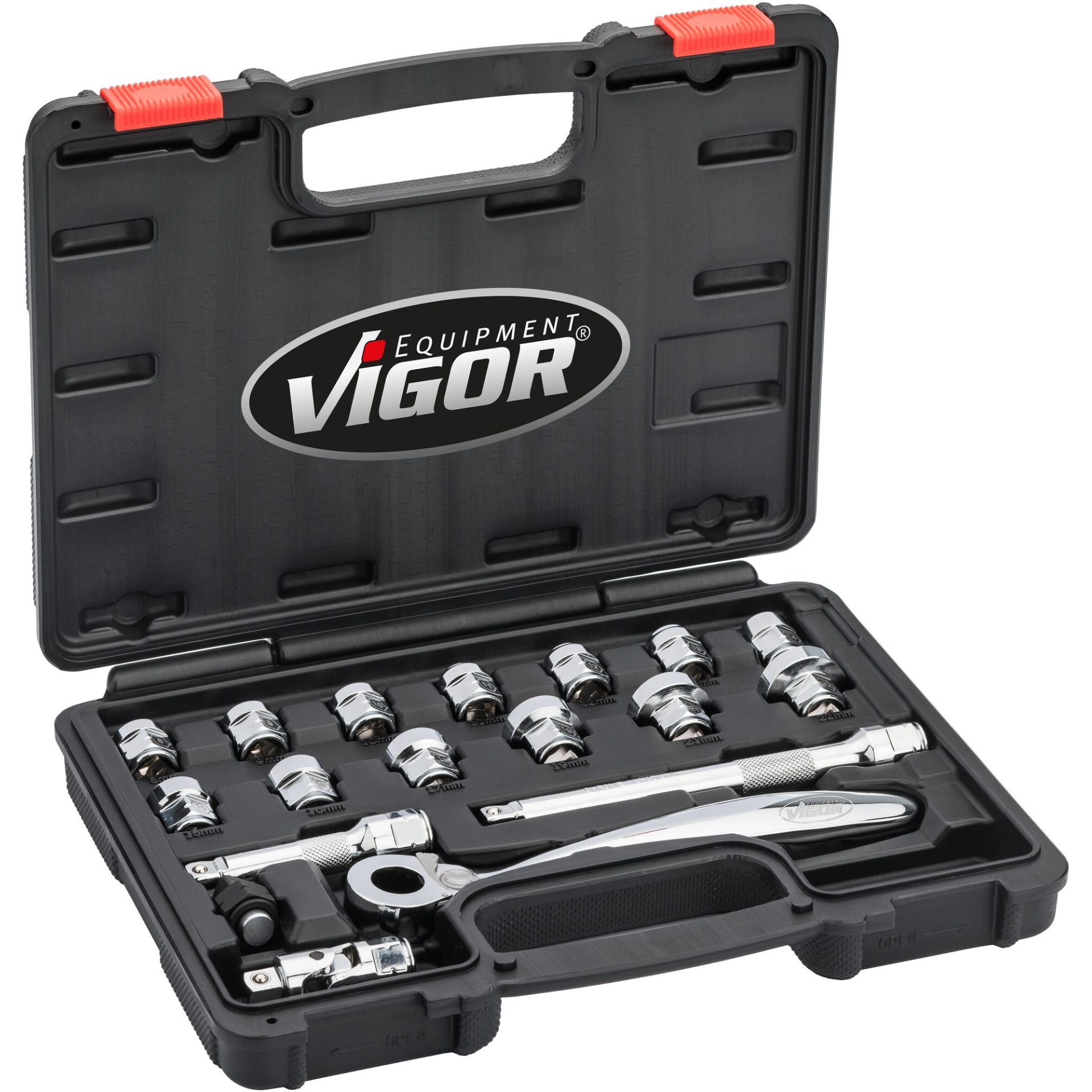 VIGOR Steckschlüssel-Satz ∙ superflach ∙ V6202 ∙ 3/8 Zoll (10 mm) Vierkant hohl ∙ Außenprofil Sechskant ∙ 18-teilig ∙ 8 – 22 ∙ Anzahl Werkzeuge: 18