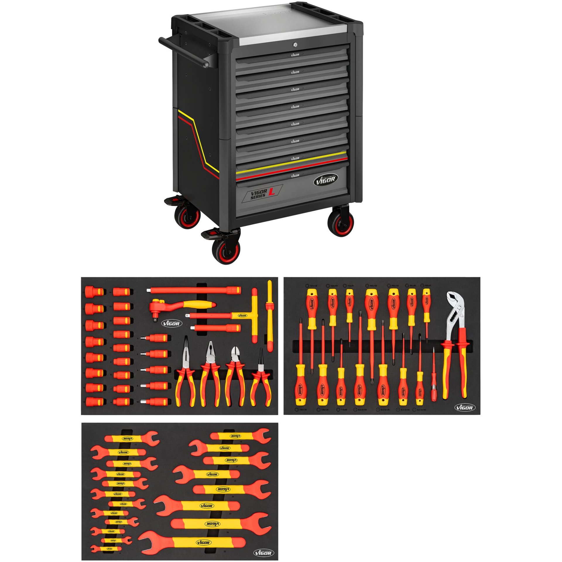 VIGOR Werkstattwagen Series L ∙ mit isoliertem Werkzeugsortiment ∙ V1901-X-EV/66 ∙ 66-teilig ∙ Anzahl Werkzeuge: 66