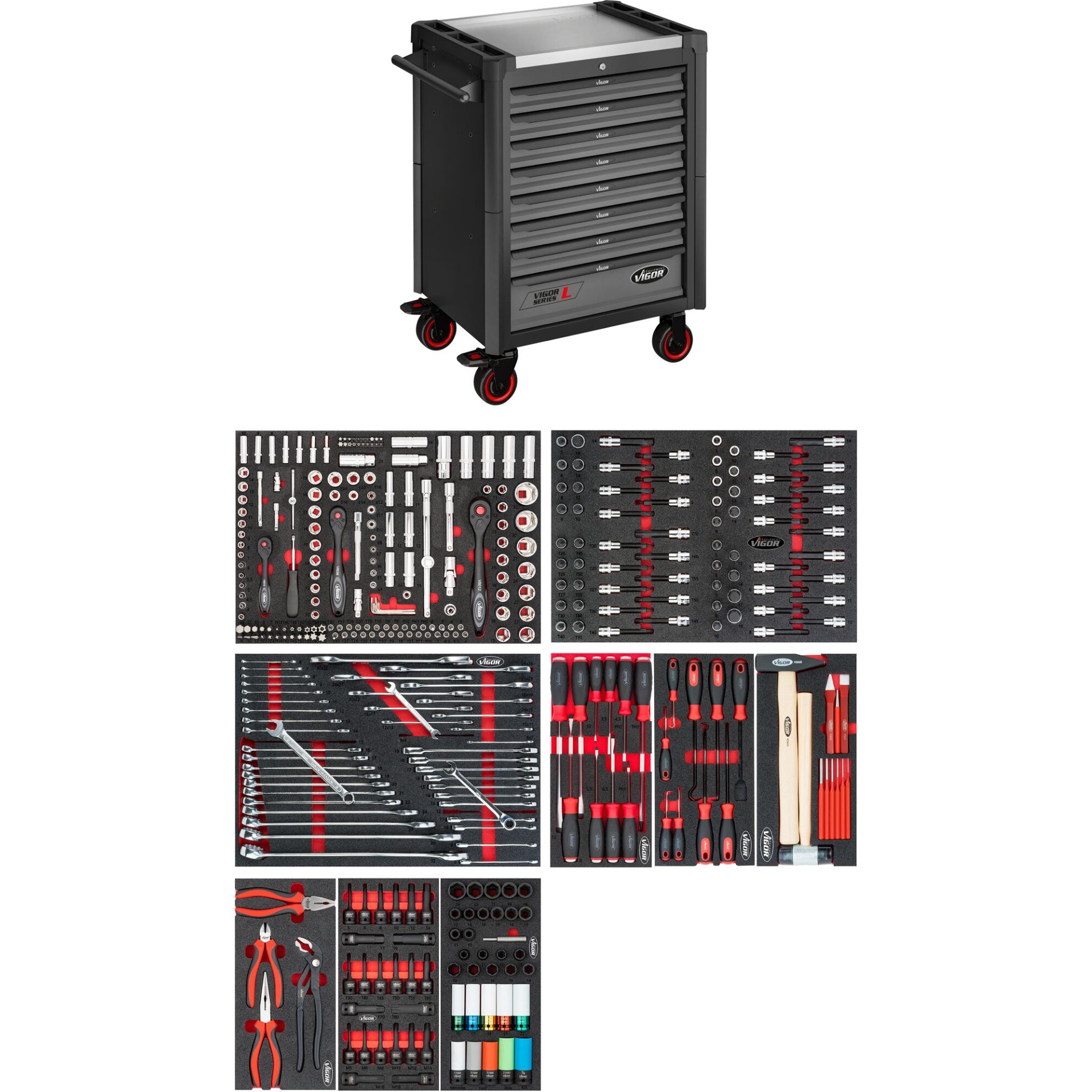 VIGOR Werkstattwagen Series L ∙ mit Sortiment ∙ V1901-X/376 ∙ 376-teilig ∙ Anzahl Werkzeuge: 376