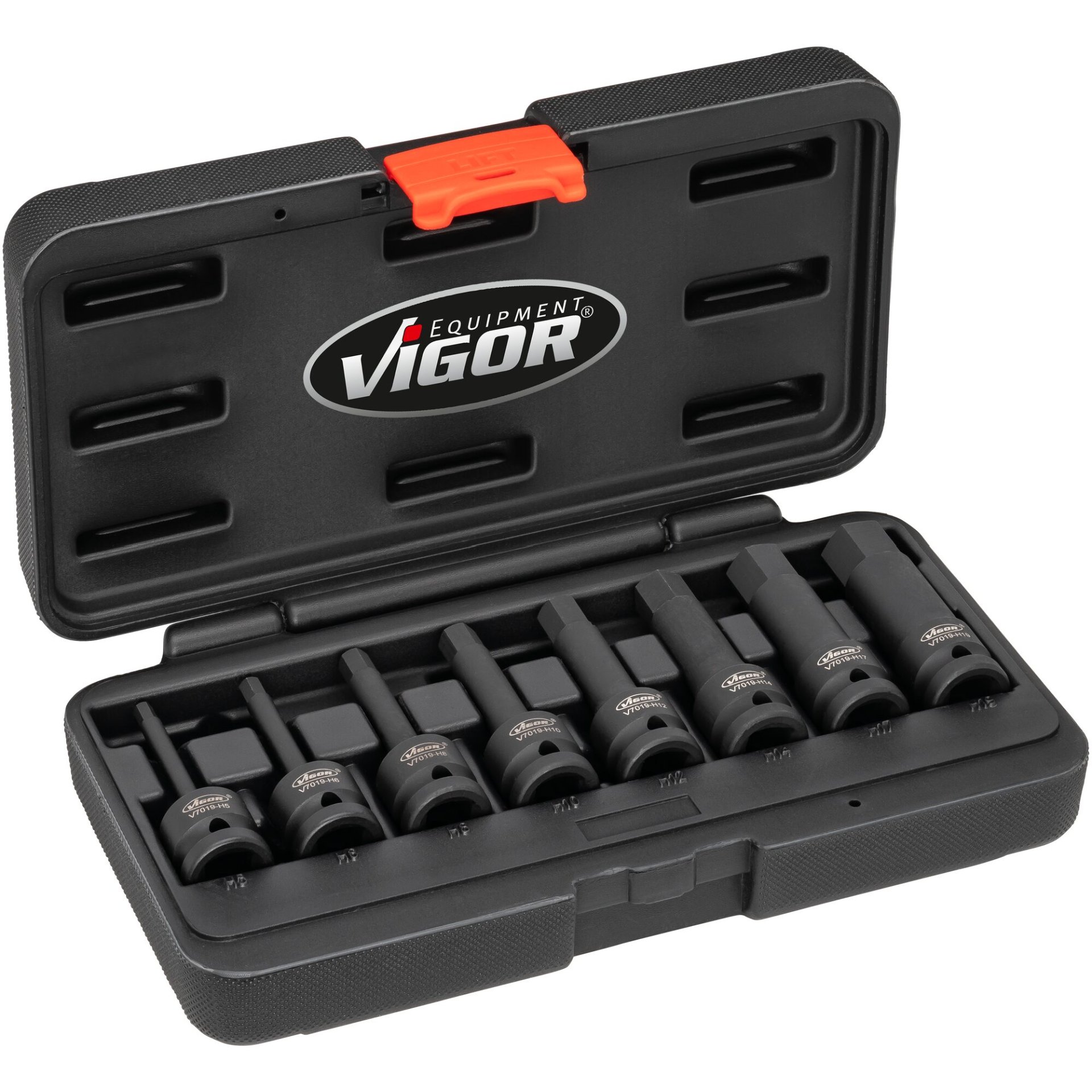 VIGOR Schlagschrauber Schraubendrehereinsatz-Satz ∙ V7019 ∙ 1/2 Zoll (12,5 mm) Vierkant hohl ∙ Innensechskant Profil ∙ 8-teilig ∙ 5 – 19 ∙ Anzahl Werkzeuge: 8