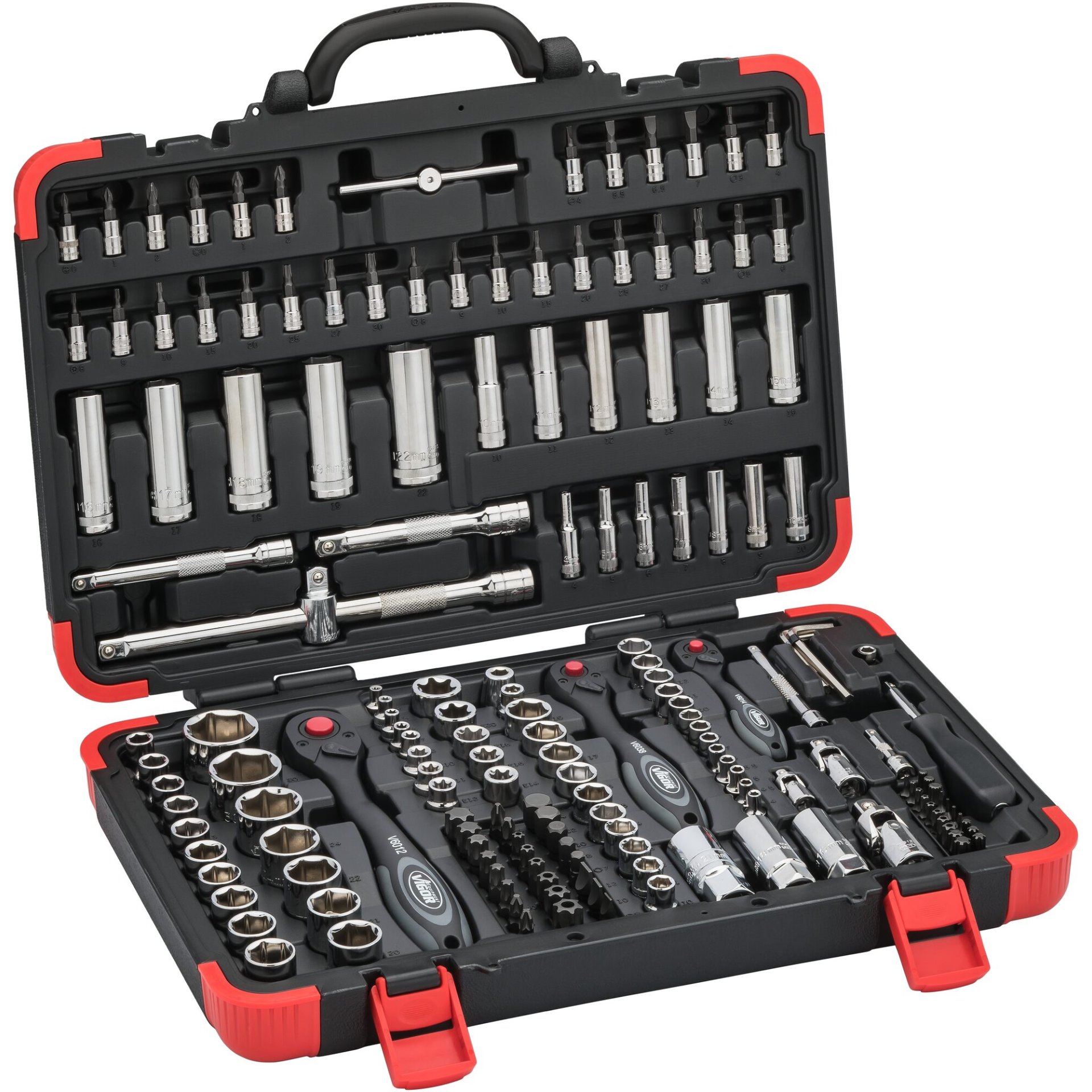 VIGOR Steckschlüssel-Satz V2461N, 164-tlg., 1/4", 3/8" & 1/2", Sechskant, TORX®, XZN, Ribe, PH, PZ, Schlitz