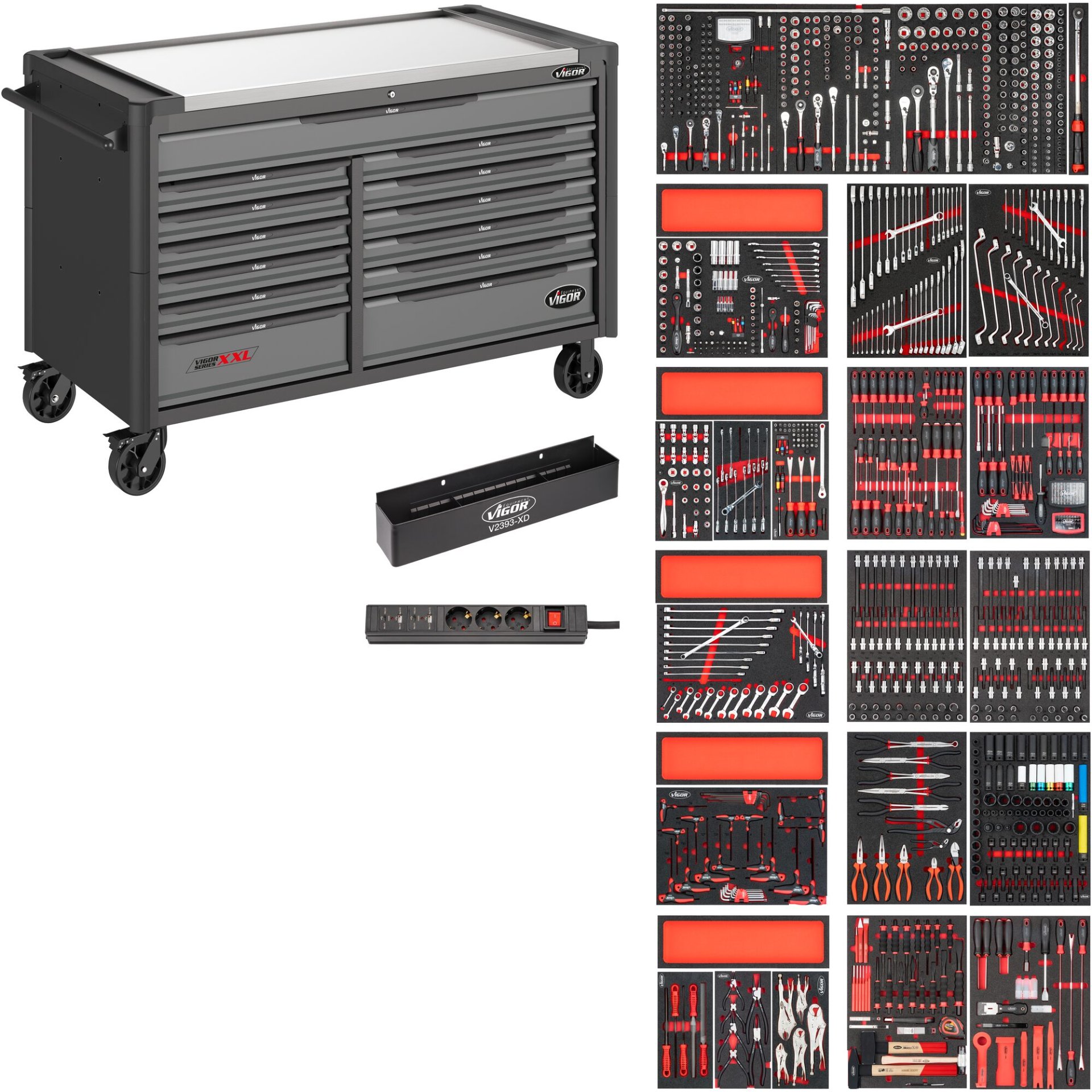 VIGOR Werkstattwagen Series XXL ∙ Edelstahl-Arbeitsplatte ∙ mit Sortiment ∙ V4481-XXL/1299 ∙ 1299-teilig ∙ Anzahl Werkzeuge: 1299
