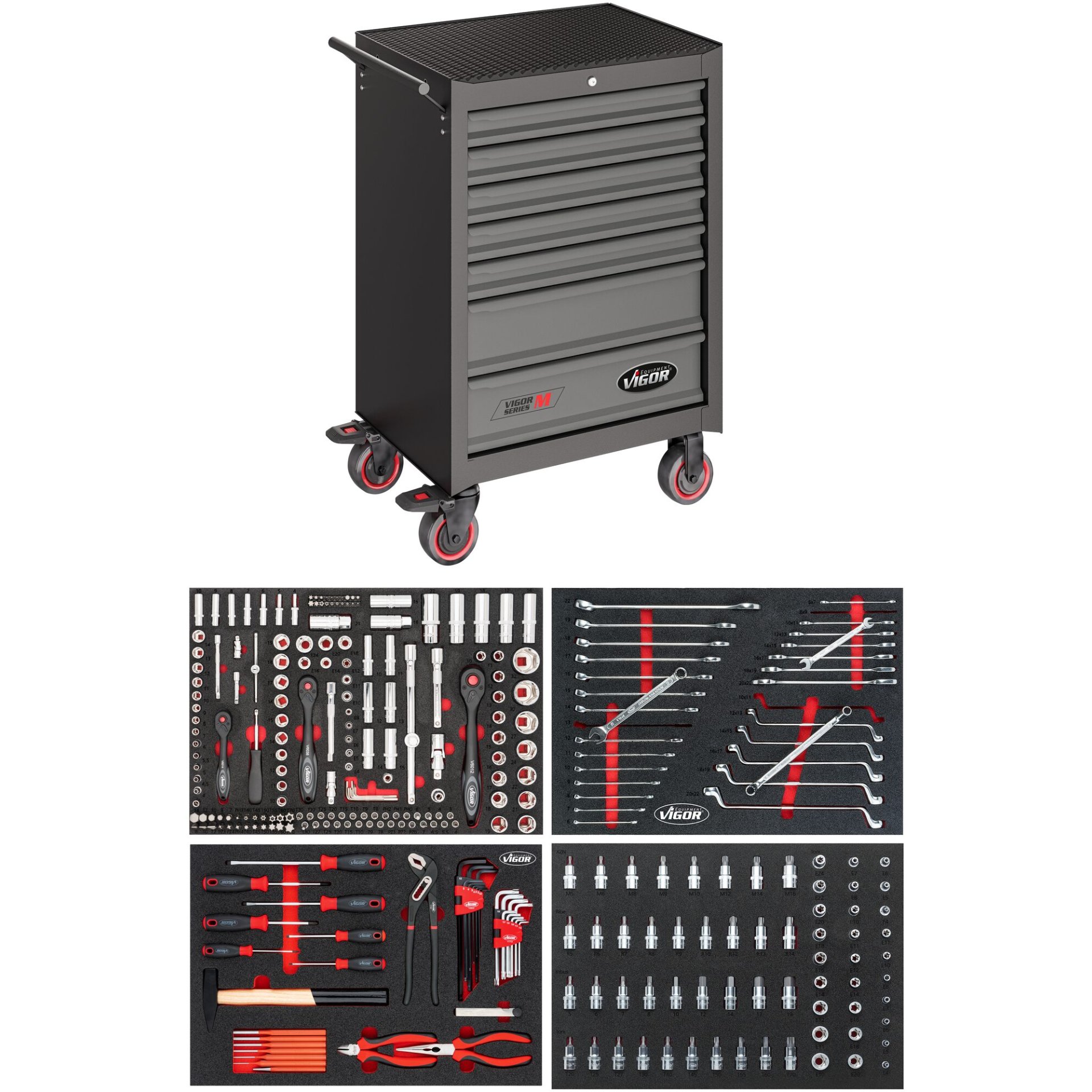 VIGOR Werkstattwagen Series M ∙ mit Sortiment ∙ V2712N ∙ 302-teilig ∙ Anzahl Werkzeuge: 302
