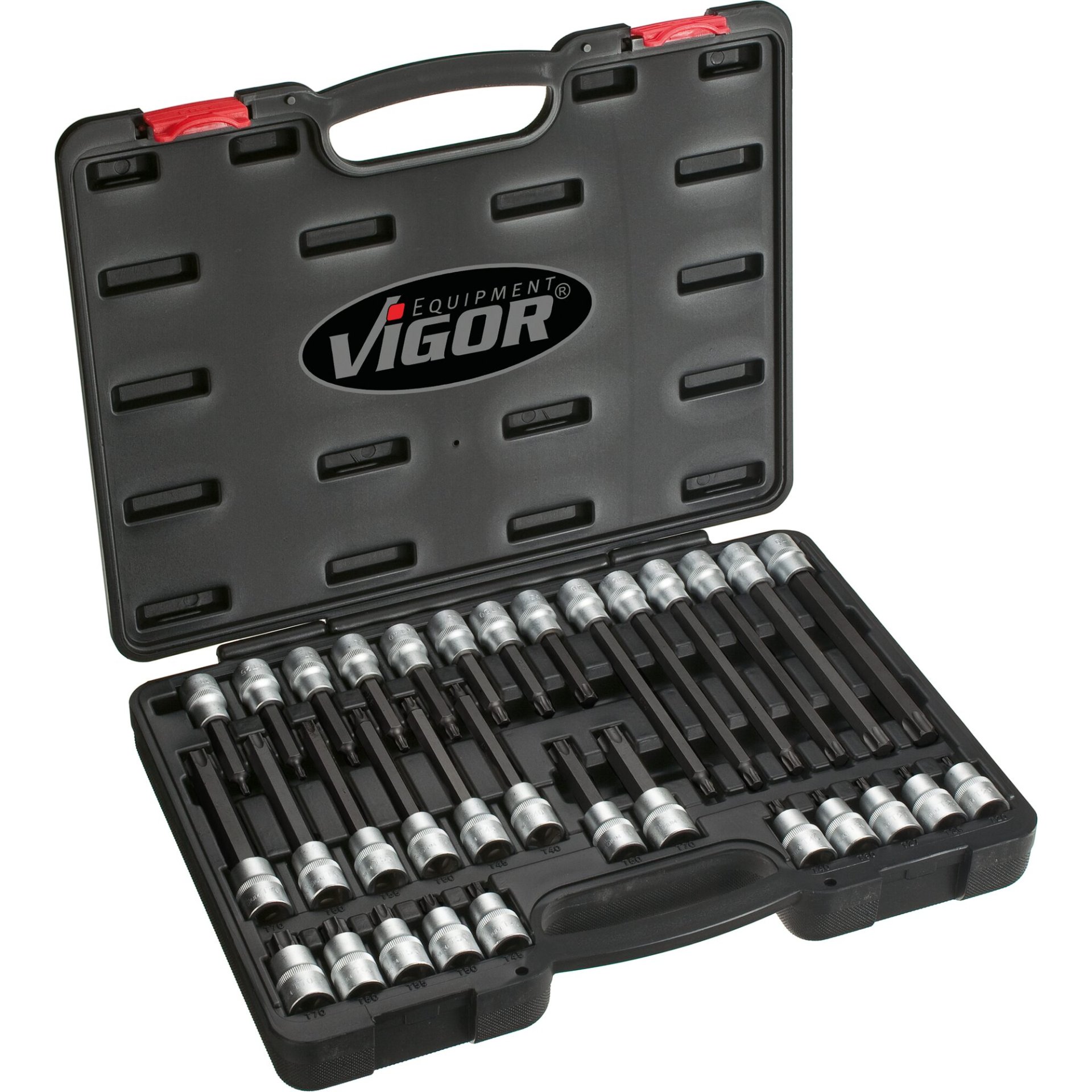 VIGOR Schraubendrehereinsatz-Satz ∙ V1917 ∙ 1/2 Zoll (12,5 mm) Vierkant hohl ∙ Innen TORX® Profil ∙ 32-teilig ∙ T20 – T70 ∙ Anzahl Werkzeuge: 32