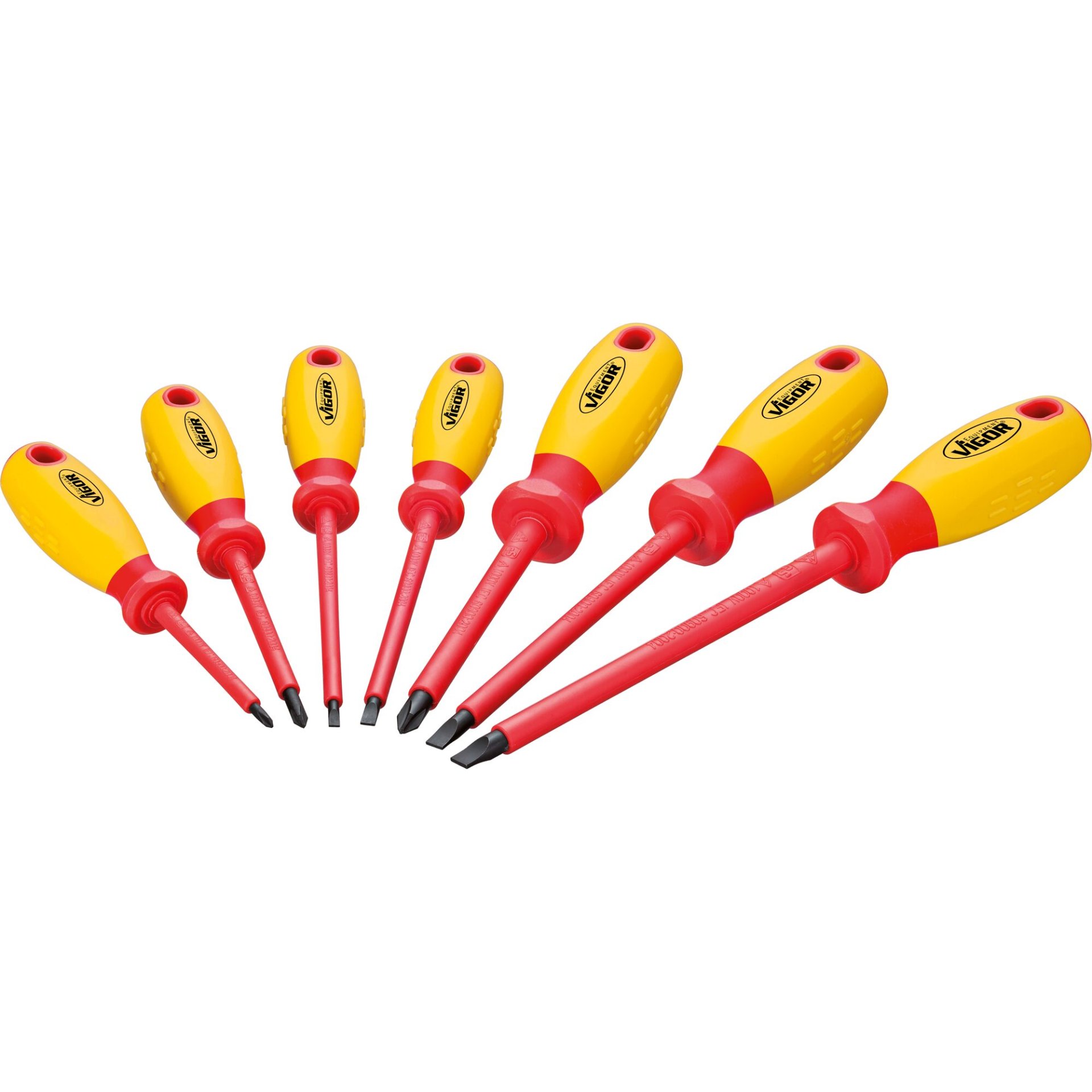 VIGOR VDE Schraubendreher-Satz ∙ V2027 ∙ Kreuzschlitz Profil PH, Schlitz Profil ∙ 7-teilig ∙ 0,5 x 3 – 1,2 x 6,5 · PH0 – PH2 ∙ Anzahl Werkzeuge: 7