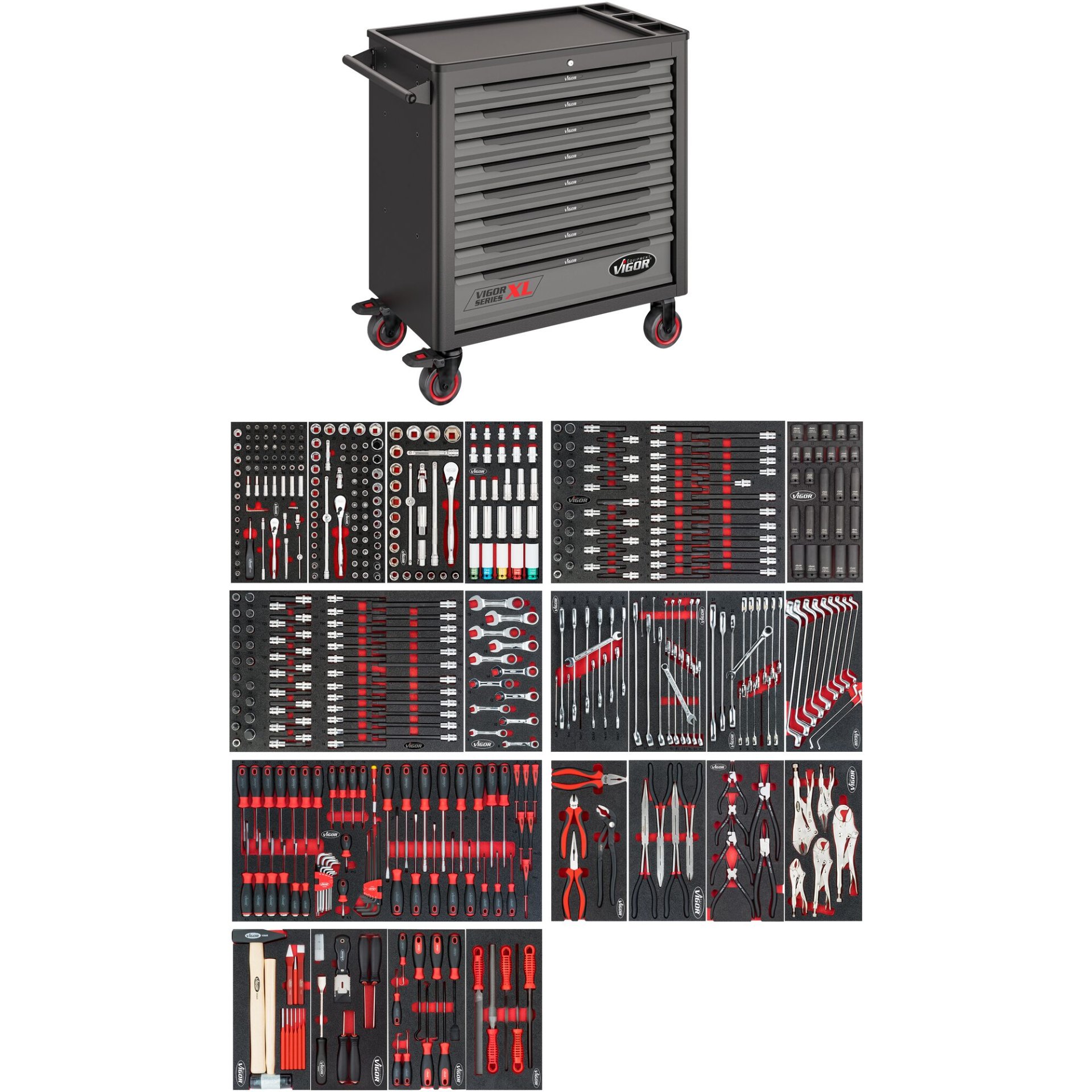 VIGOR Werkstattwagen Series XL ∙ Kunststoff-Arbeitsplatte ∙ mit Sortiment