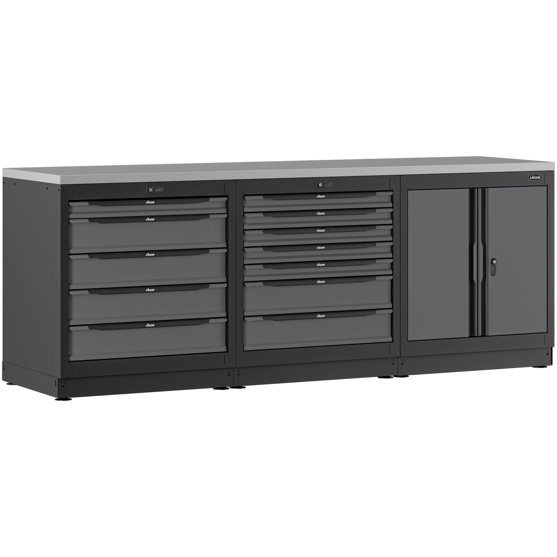 VIGOR Schrankwand-Kombination ∙ Starter-Paket ∙ Edelstahl ∙ V6000-3P1XLD-X ∙ L x B x H: 2588 mm x 700 mm x 994 mm