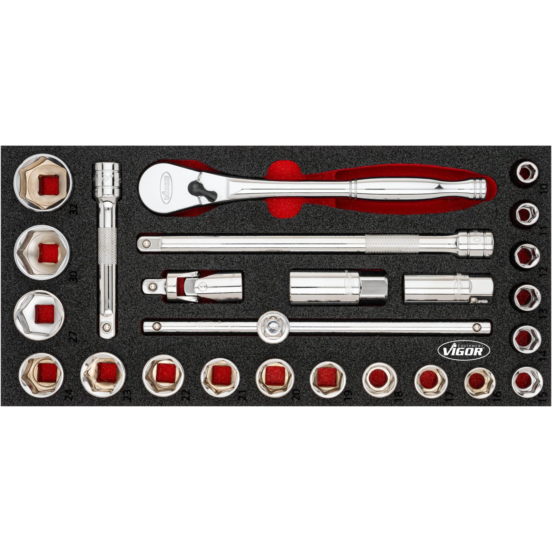 VIGOR Steckschlüssel Werkzeug-Satz ∙ V4975N ∙ 25-teilig ∙ 10 – 32 mm ∙ Anzahl Werkzeuge: 25
