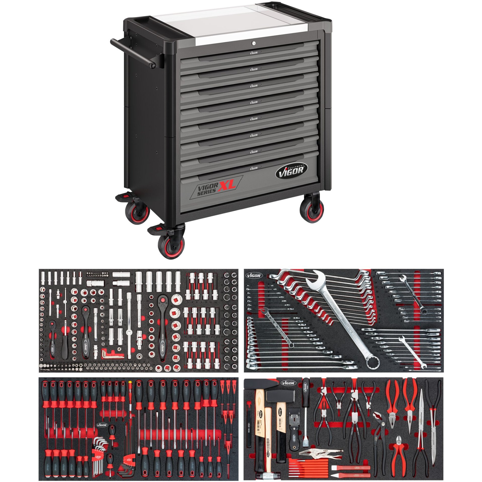 VIGOR Werkstattwagen Series XL ∙ Edelstahl-Arbeitsplatte ∙ mit Sortiment