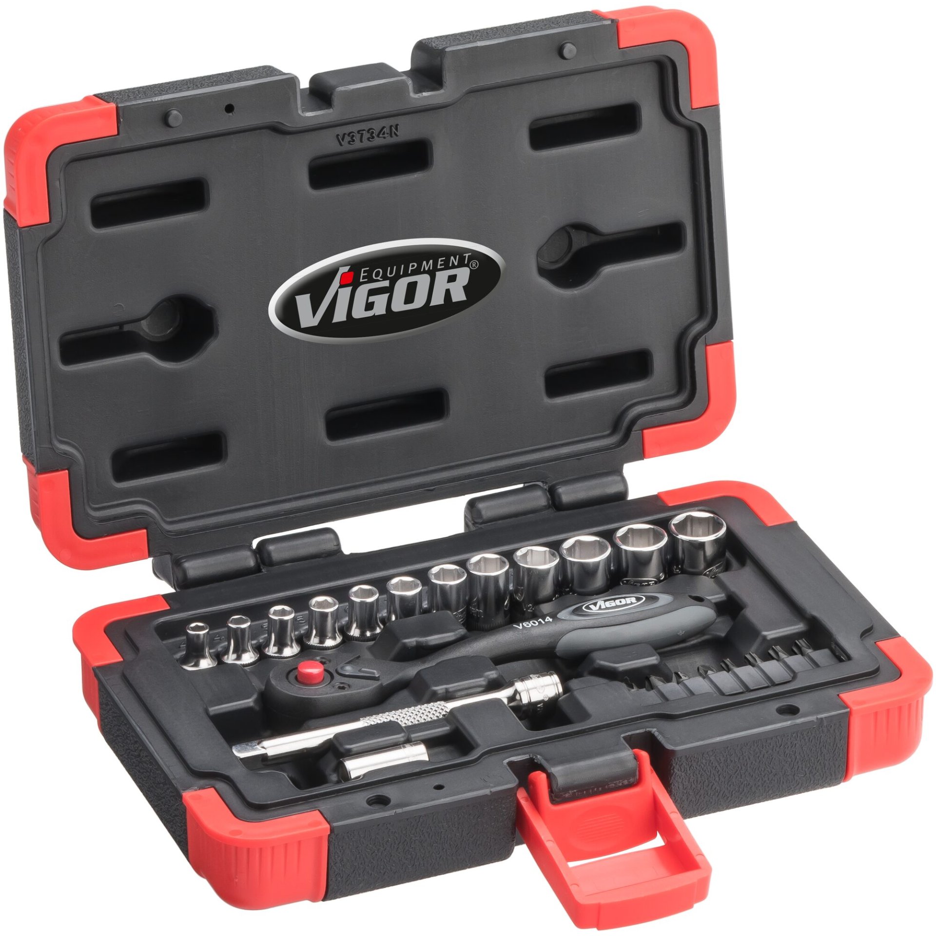 VIGOR Steckschlüssel-Satz ∙ V3734N ∙ 1/4 Zoll (6,3 mm) Vierkant hohl ∙ Außenprofil Sechskant, Innen TORX® Profil, Innensechskant Profil, Kreuzschlitz Profil PH, Pozidriv Profil PZ, Schlitz Profil ∙ 23-teilig ∙ 4 – 13 ∙ Anzahl Werkzeuge: 23