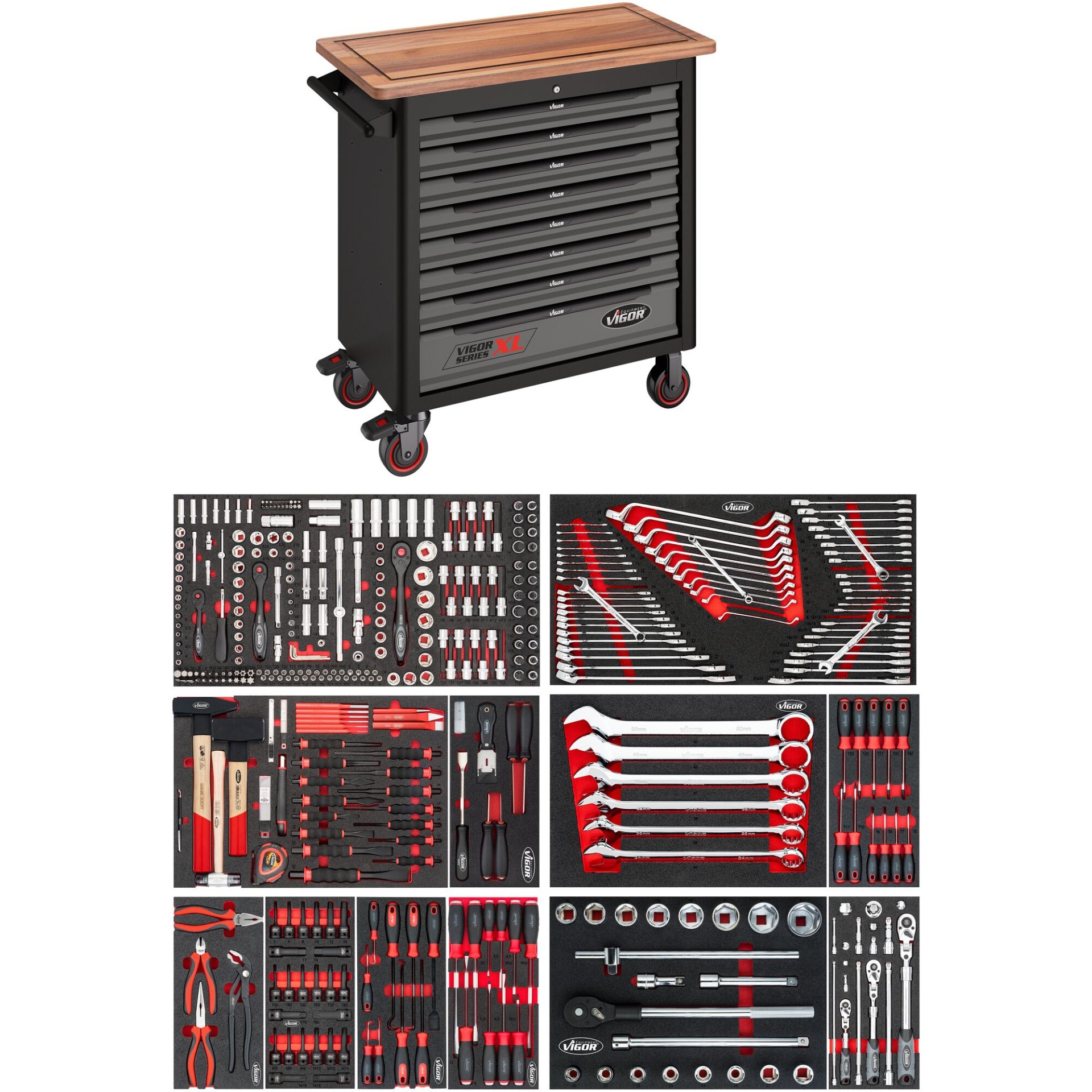 VIGOR Werkstattwagen Series XL ∙ Holz-Arbeitsplatte ∙ mit Sortiment ∙ V4481-W/NKW ∙ 446-teilig ∙ Anzahl Werkzeuge: 446