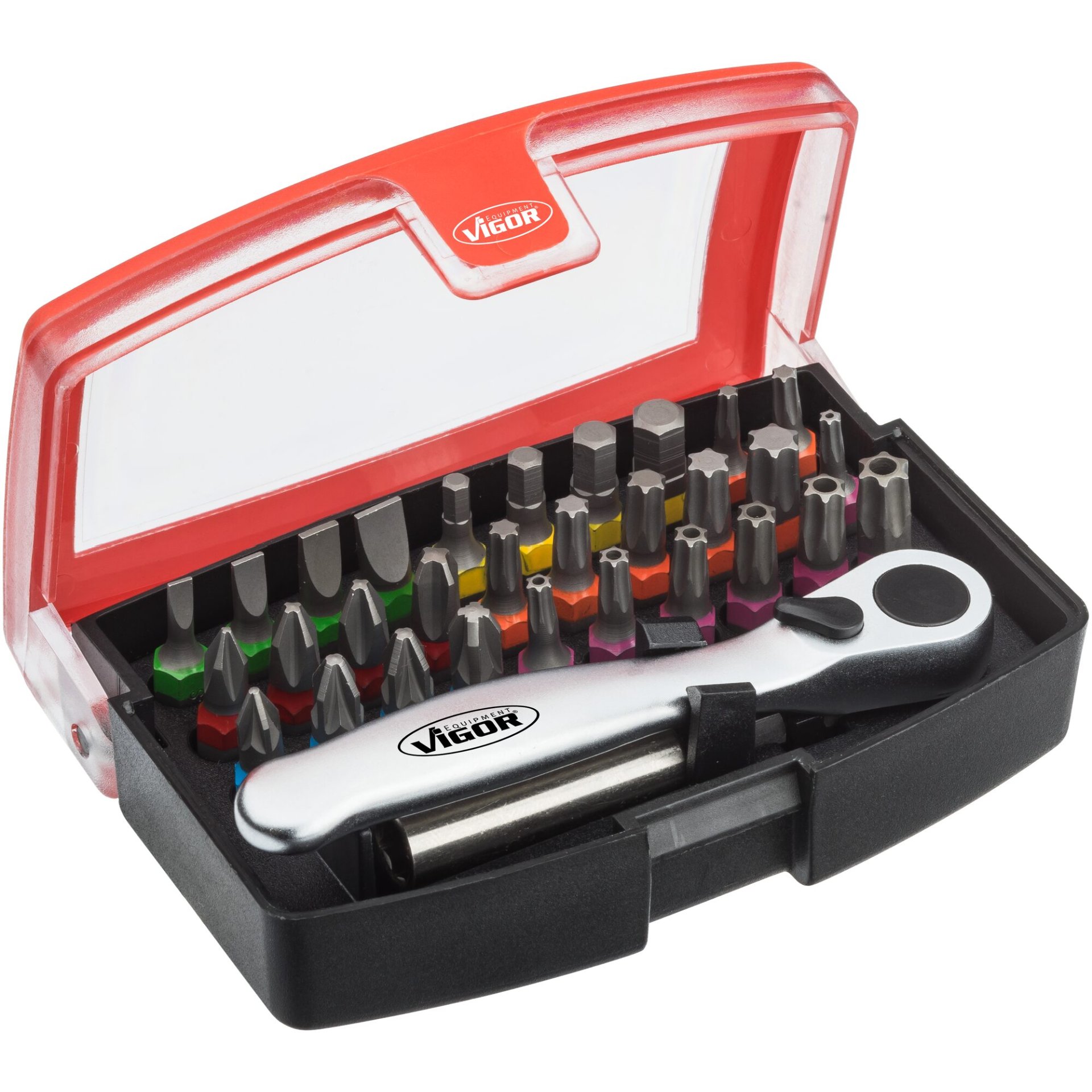 VIGOR Bit Box V5502, 32-tlg., 1/4" Bitsatz mit Schlitz, Inbus, PH, PZ, TORX® & Sicherheits-TORX®, robust