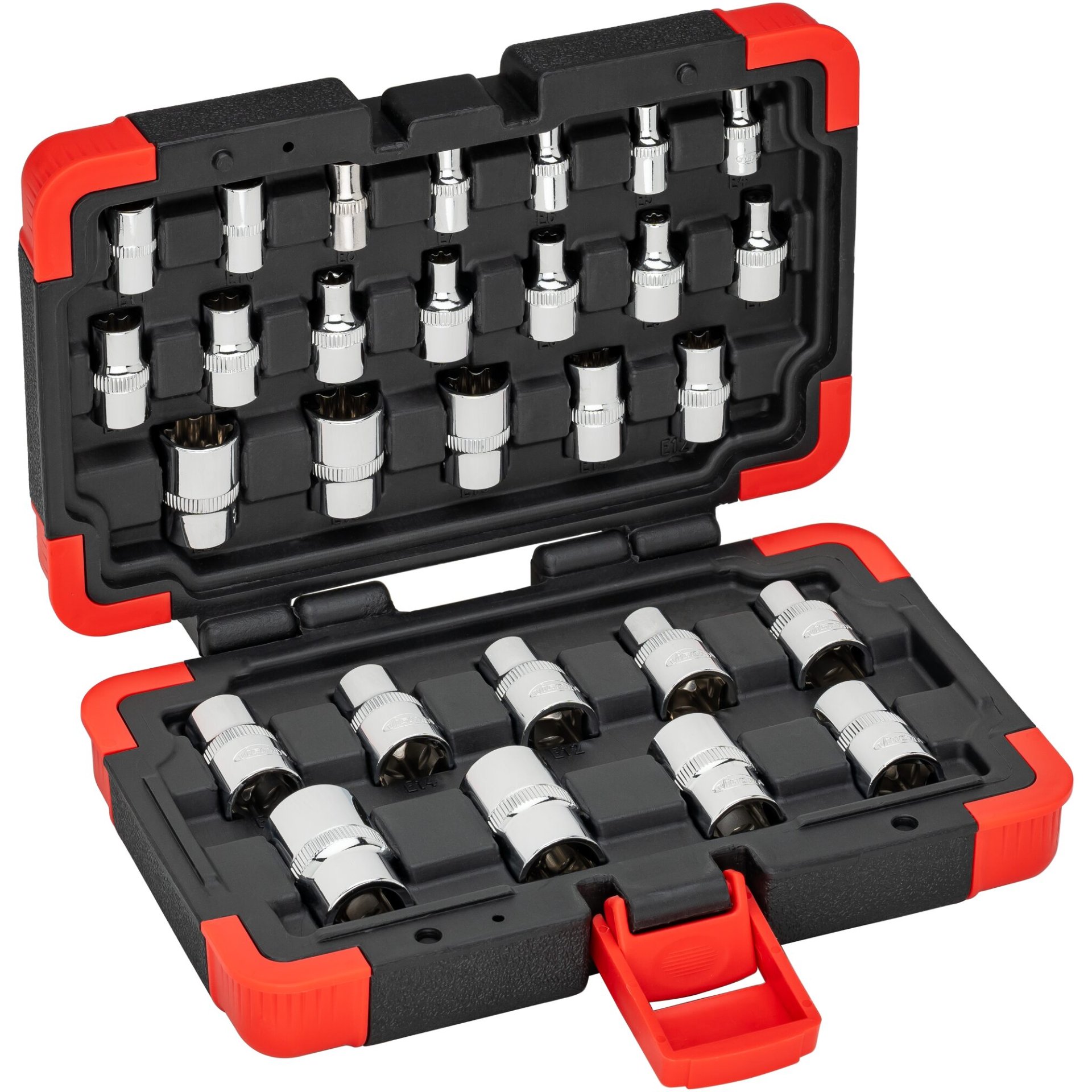 VIGOR Steckschlüsseleinsatz-Satz ∙ V2687N ∙ 1/4 Zoll (6,3 mm) Vierkant hohl, 3/8 Zoll (10 mm) Vierkant hohl, 1/2 Zoll (12,5 mm) Vierkant hohl ∙ 28-teilig ∙ E4 – E24 ∙ Anzahl Werkzeuge: 28
