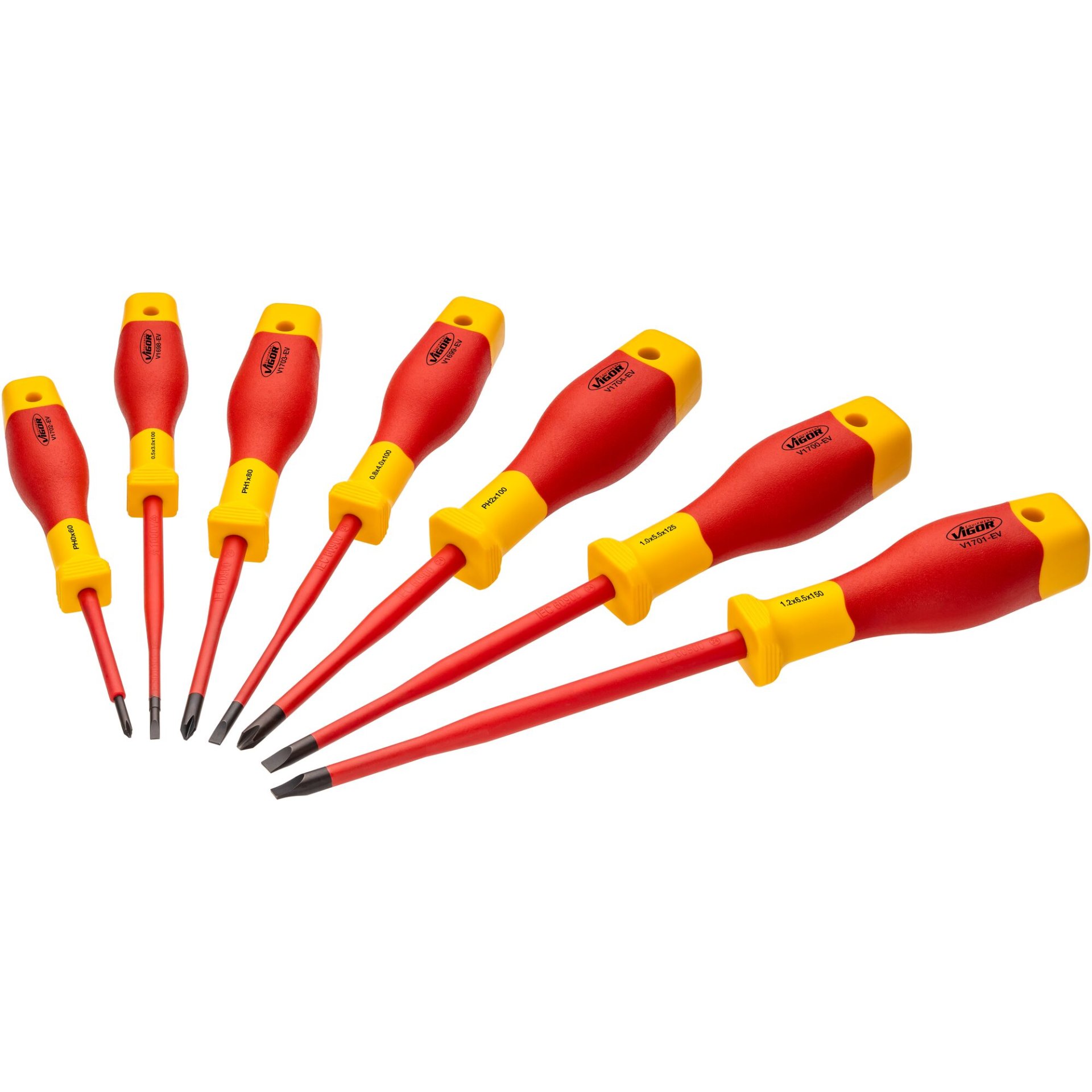 VIGOR Schraubendreher-Satz ∙ EV ∙ V2027N ∙ Kreuzschlitz Profil PH, Schlitz Profil ∙ 7-teilig ∙ PH0 – PH2 ∙ 0,5 x 3,0 – 1,2 x 6,5 ∙ Anzahl Werkzeuge: 7