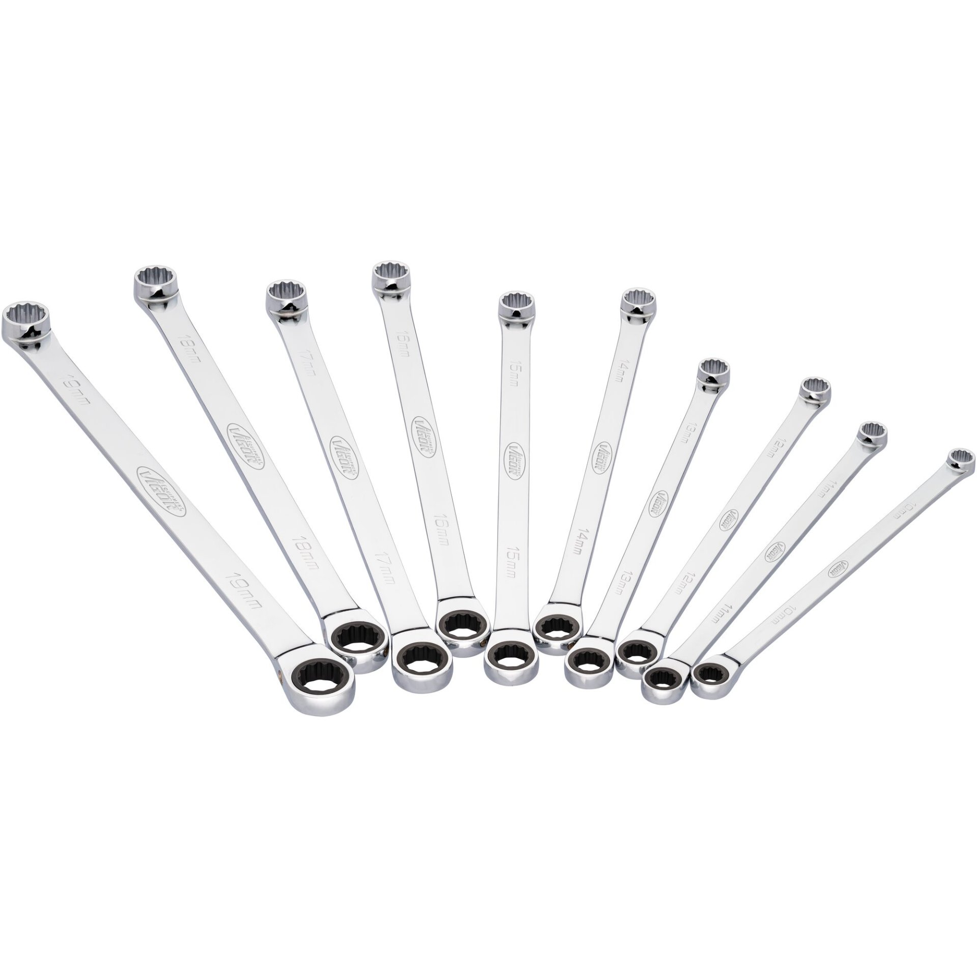 VIGOR Ratschen-Ringschlüssel-Satz ∙ extra lang ∙ V7031 ∙ 10-teilig ∙ 10 – 19 mm ∙ Anzahl Werkzeuge: 10