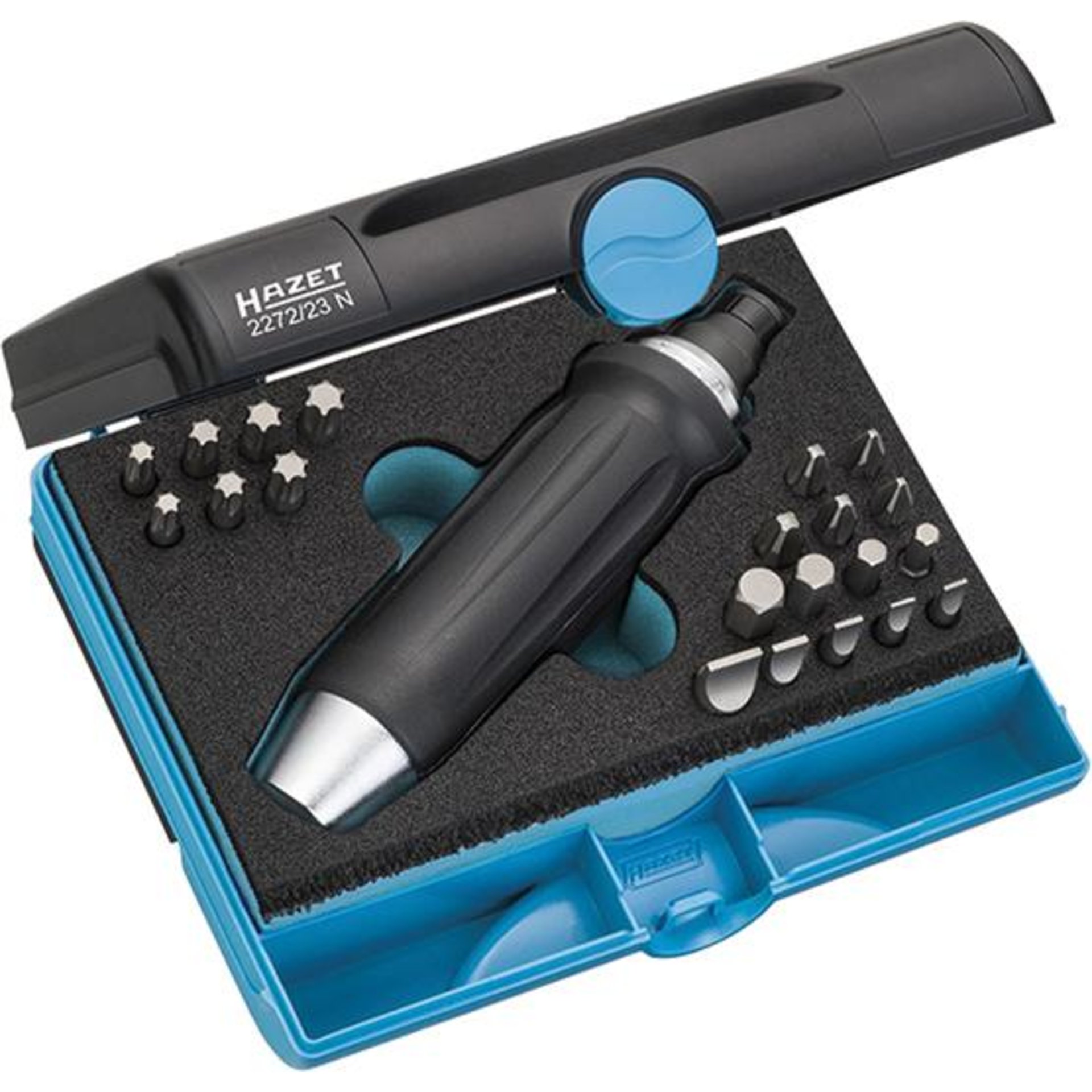 HAZET Slagschroevendraaierset (bits) 2272/23N ∙ 5/16 inch (8 mm) zeskant massief ∙ Kruiskop profiel PH, Binnen-zeskant-profiel, Sleufprofiel, Binnen-TORX®-profiel ∙ 0,8 x 5,5 – 2 x 12 ∙ 5 – 10 ∙ PH2 – PH4 ∙ T30 – T50 ∙ Aantal gereedschappen: 23