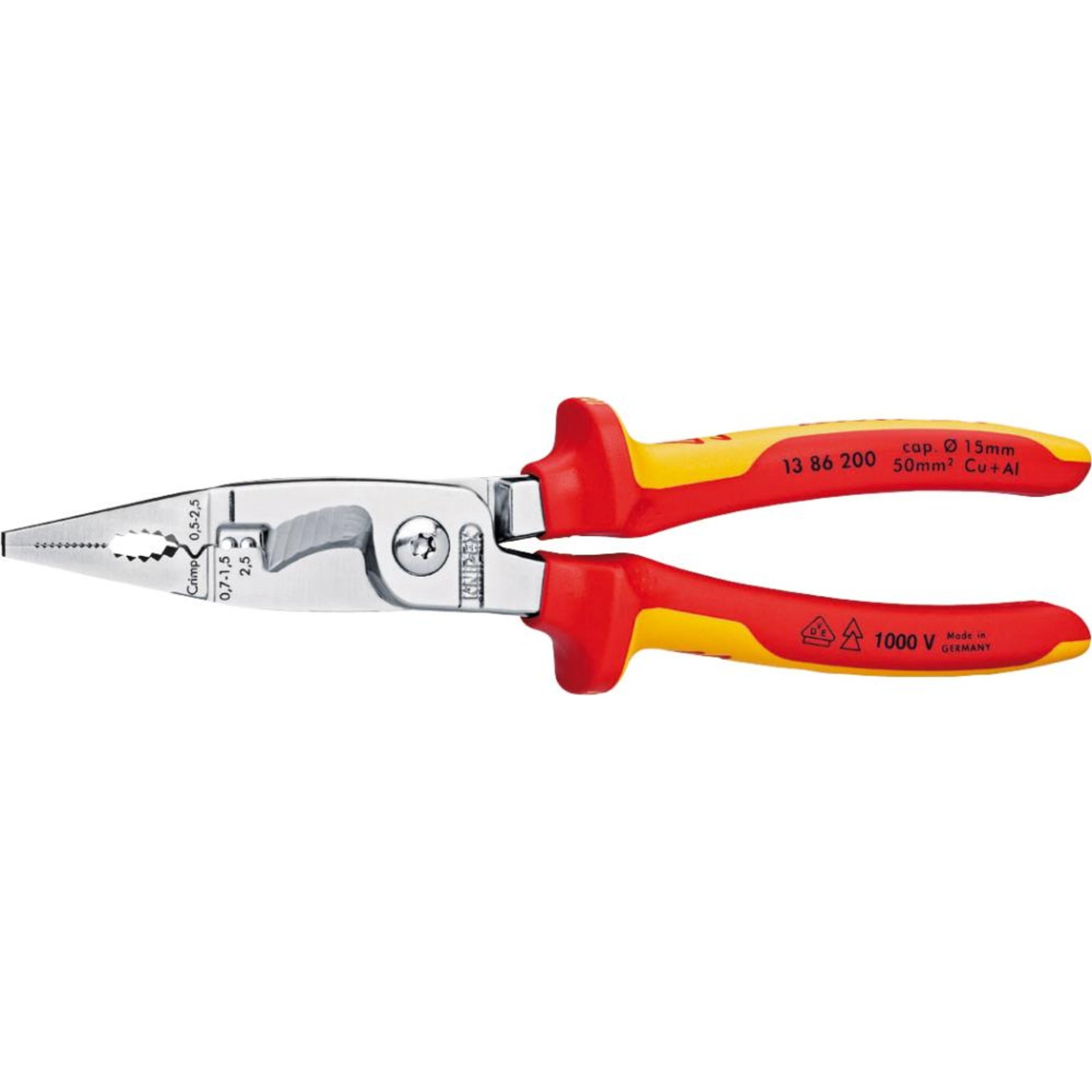 KNIPEX 13 86 200 Elektro-Installationszange isoliert mit Mehrkomponenten-Hüllen, VDE-geprüft verchromt 200 mm