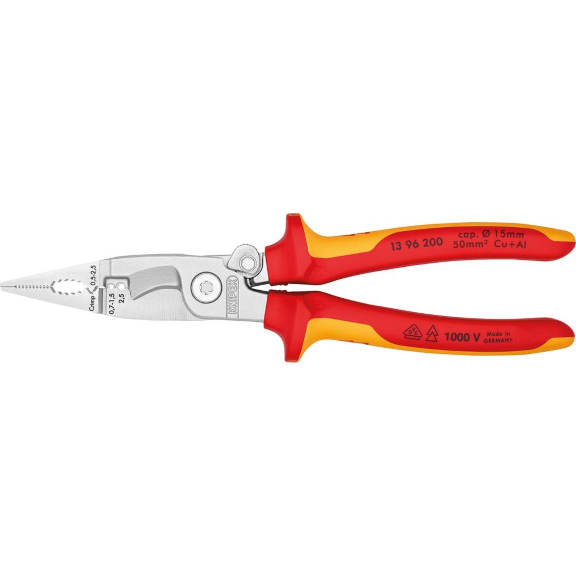 KNIPEX 13 96 200 Elektro-Installationszange isoliert mit Mehrkomponenten-Hüllen, VDE-geprüft verchromt 200 mm
