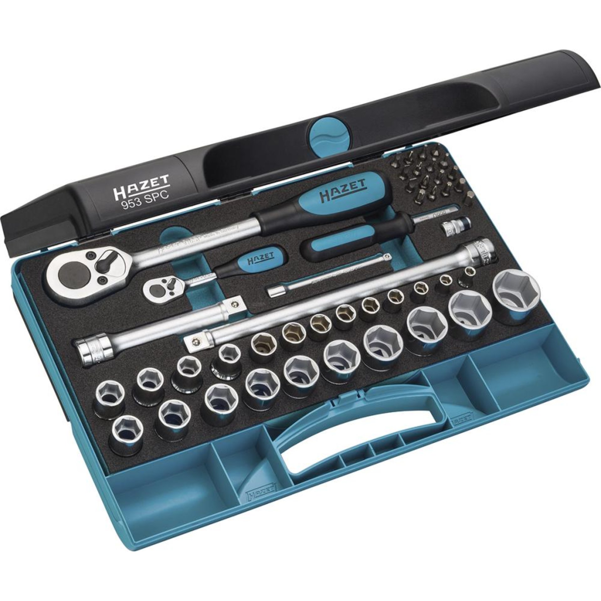 HAZET Socket set 953SPC ∙ 1/4 inch (6.3 mm) square, hollow, 1/2 inch (12.5 mm) square, hollow ∙ 0.5 x 4 – 0.8 x 5.5 ∙ 2 – 27 ∙ PH1 – PH2 ∙ PZ1 – PZ2 ∙ T10 – T30 ∙ Number of tools: 47