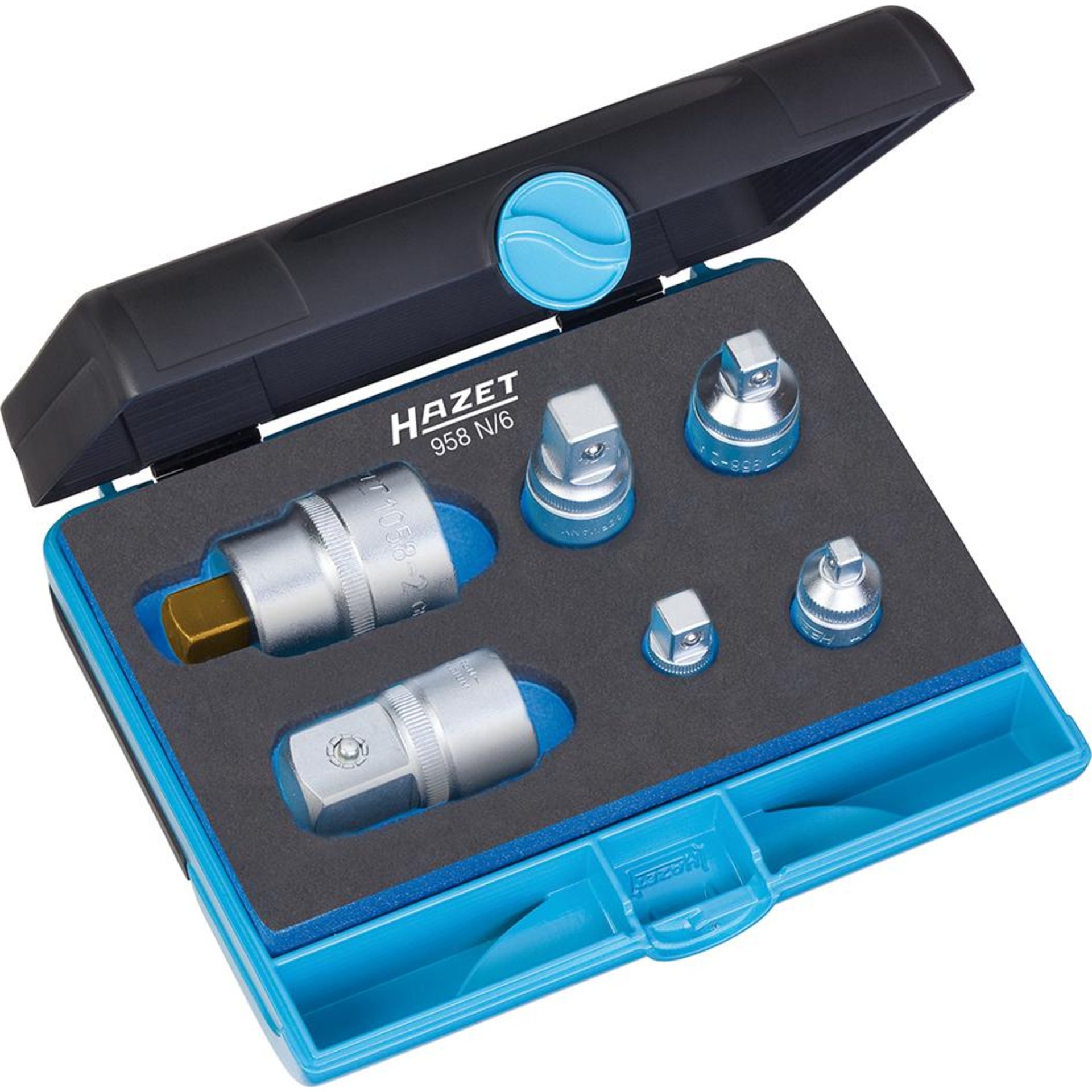 HAZET Adapterset 958N/6 ∙ 1/4 inch (6,3 mm) vierkant hol, 3/8 inch (10 mm) vierkant hol, 1/2 inch (12,5 mm) vierkant hol, 3/4 inch (20 mm) vierkant hol ∙ 1/4 inch (6,3 mm) vierkant massief, 3/8 inch (10 mm) vierkant massief, 1/2 inch (12,5 mm) vierkant massief, 3/4 inch (20 mm) vierkant massief ∙ 185 mm x 153 mm x 52 mm ∙ Aantal gereedschappen: 6
