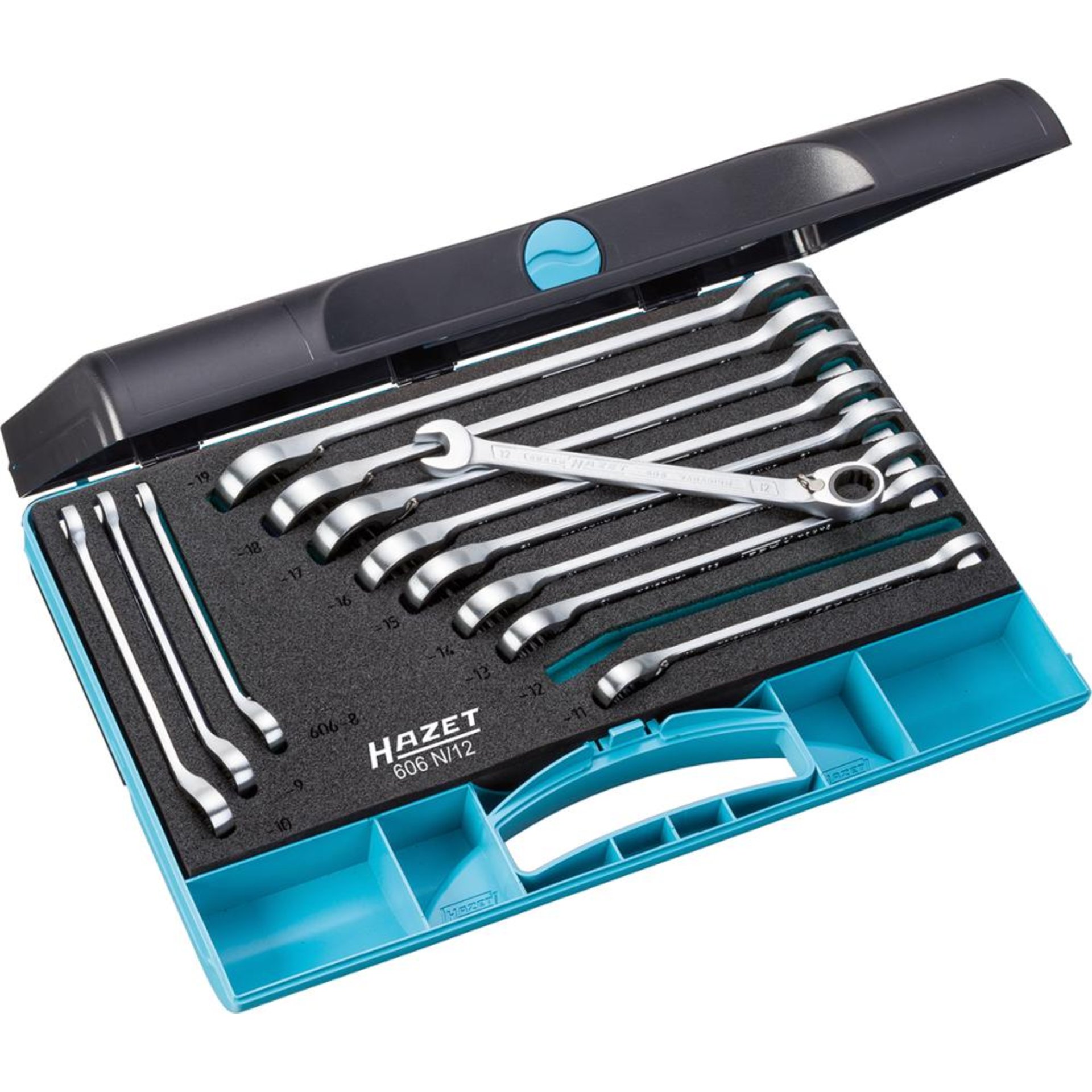HAZET Jeu de clés mixtes à cliquet 606N/12 ∙ Profil Traction à 12 pans extérieurs ∙ 8 – 19 ∙ Nombre d'outils : 12