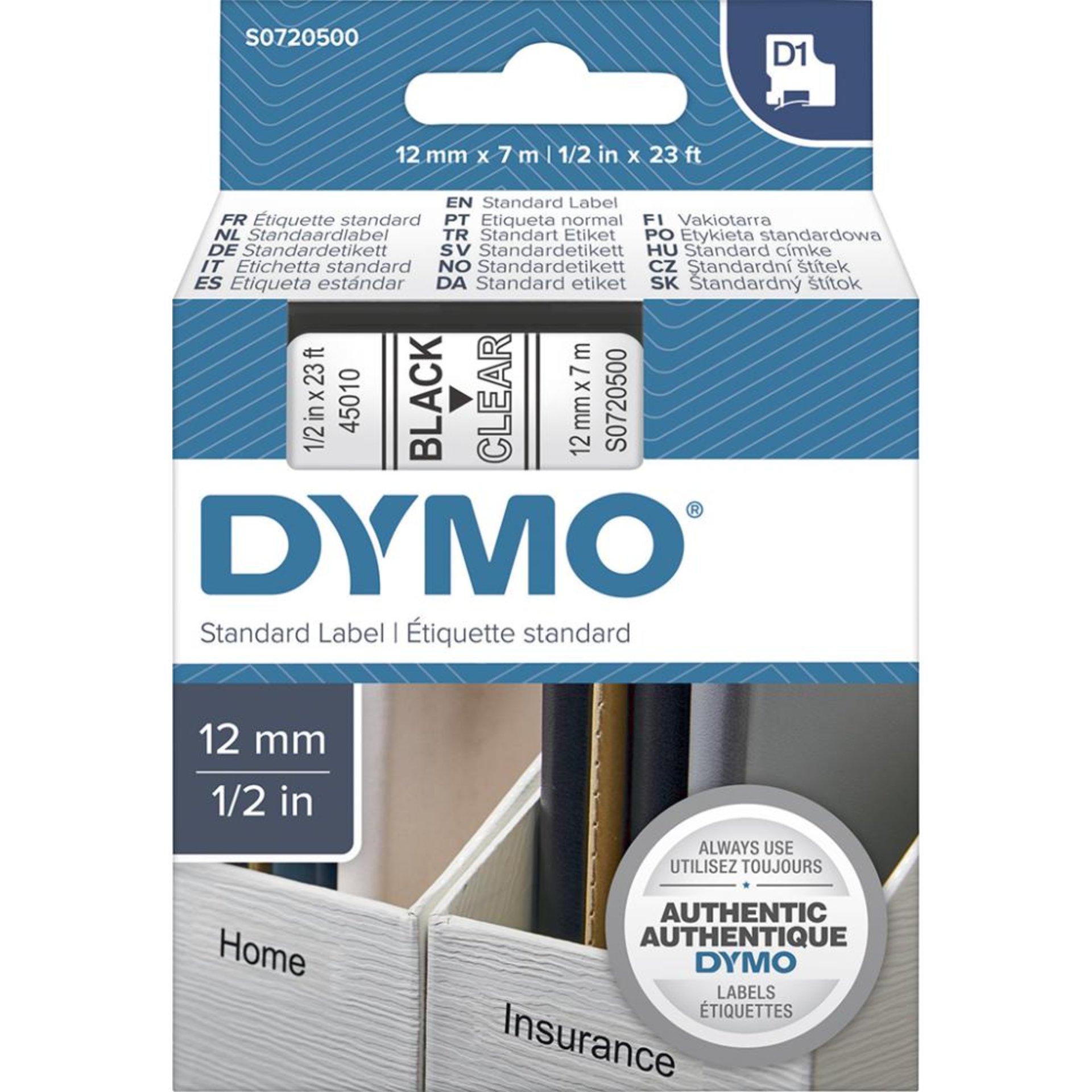 Schriftband D1 45010 schwarz/transparent 12mmx7m DYMO