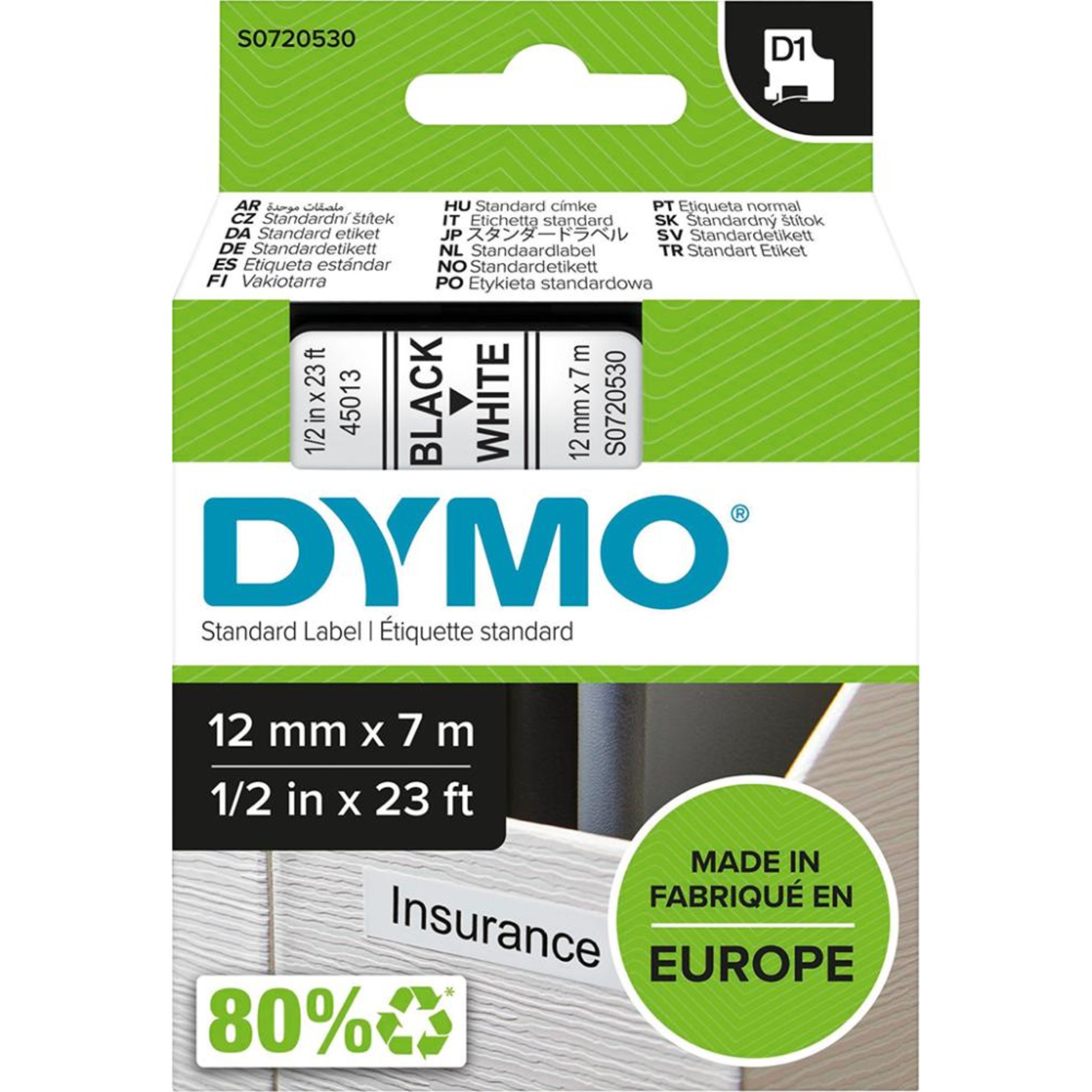 Schriftband D1 45013 schwarz/weiß 12mmx7m DYMO