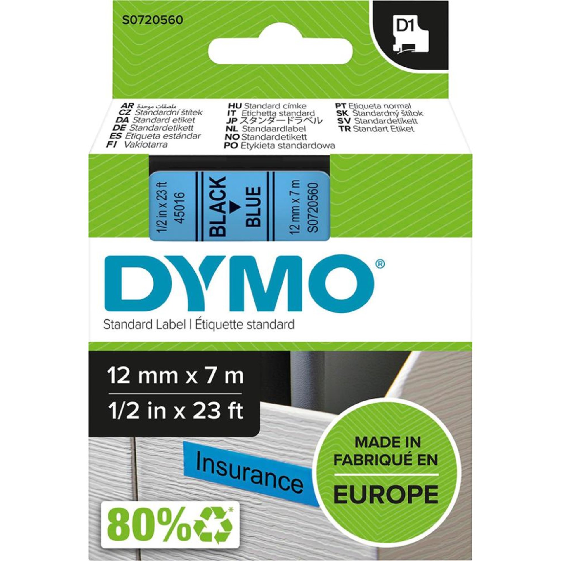 Schriftband D1 45016 schwarz/blau 12mmx7m DYMO