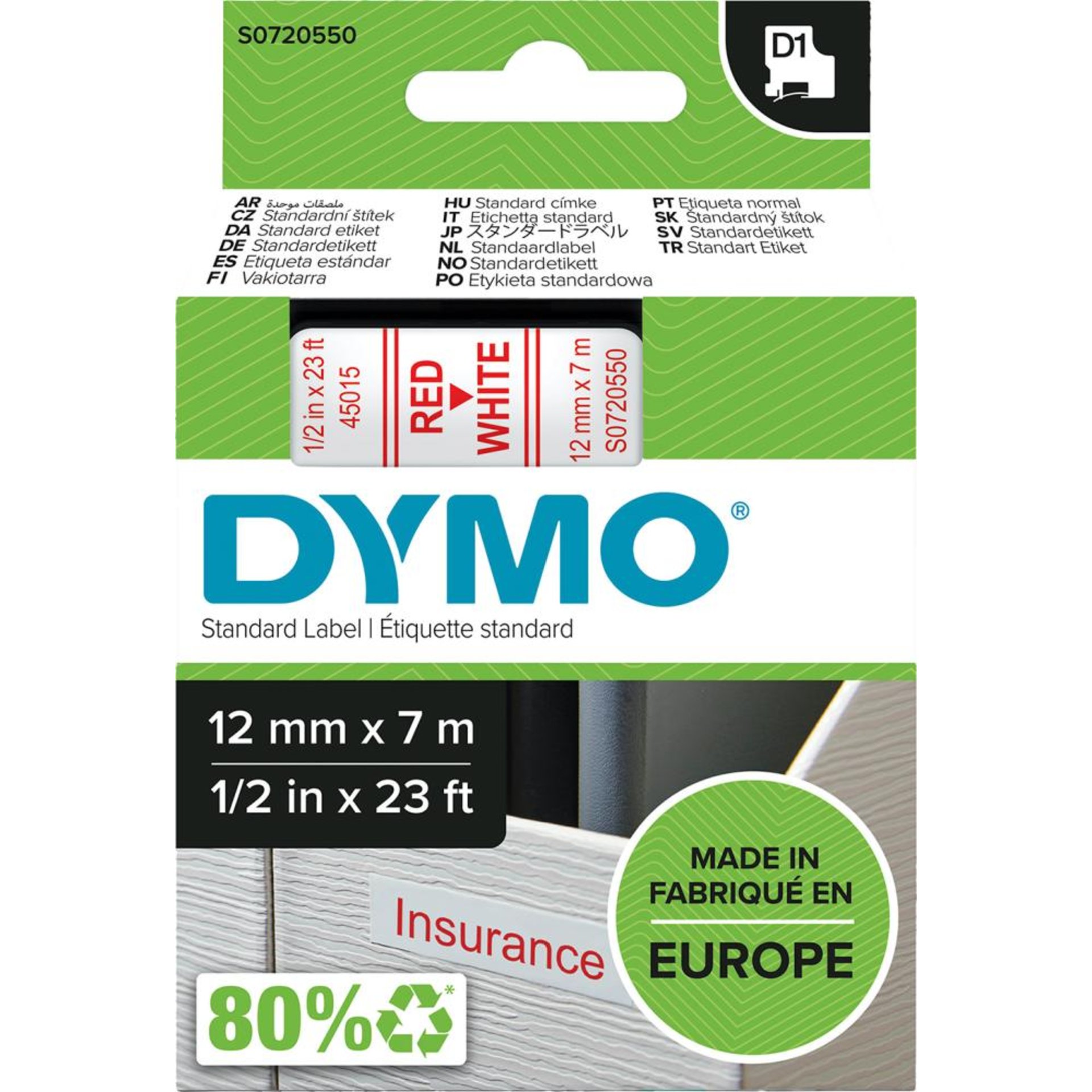 Schriftband D1 45015 rot/weiß 12mmx7m DYMO