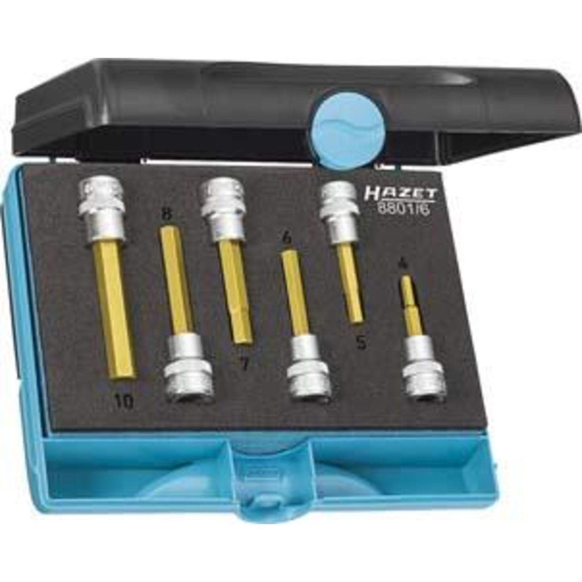 HAZET Dopsleutelbitset 8801/6 ∙ 3/8 inch (10 mm) vierkant hol ∙ Binnen-zeskant-profiel ∙ 4 – 10 ∙ Aantal gereedschappen: 6