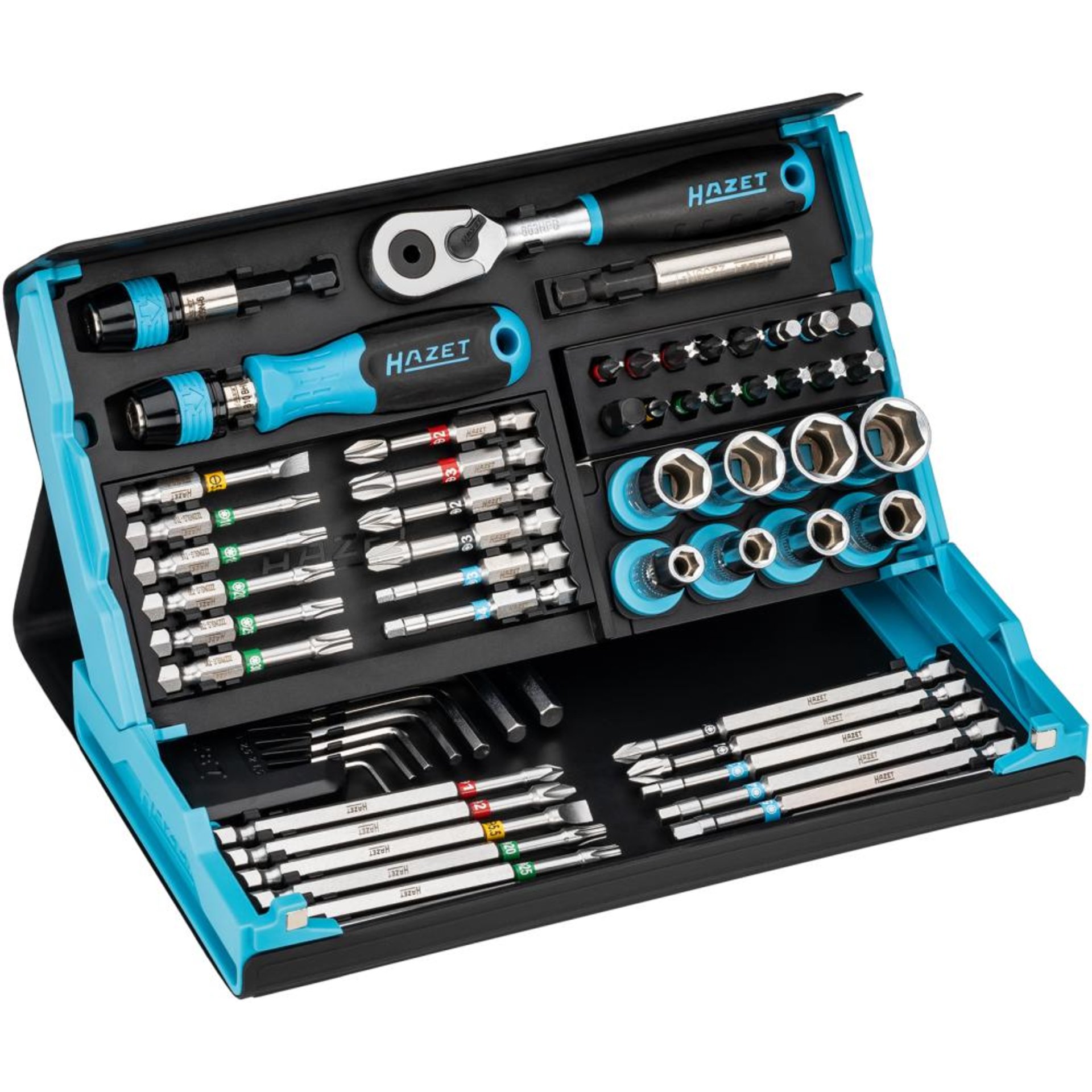 HAZET SmartCase Steckschlüssel Satz 2200SC-32 ∙ 1/4 Zoll (6,3 mm) Sechskant massiv, 1/4 Zoll (6,3 mm) Vierkant hohl ∙ Schlitz Profil, Kreuzschlitz Profil PH, Pozidriv Profil PZ, Innen Sechskant Profil, Innen TORX® Profil, Tamper Resistant TORX® Profil ∙ 0,4 x 1,5 – 0,8 x 5,5 ∙ 1,5 – 13 ∙ PH1 – PH3 ∙ PZ1 – PZ2 ∙ T10 – T40 ∙ Anzahl Werkzeuge: 59