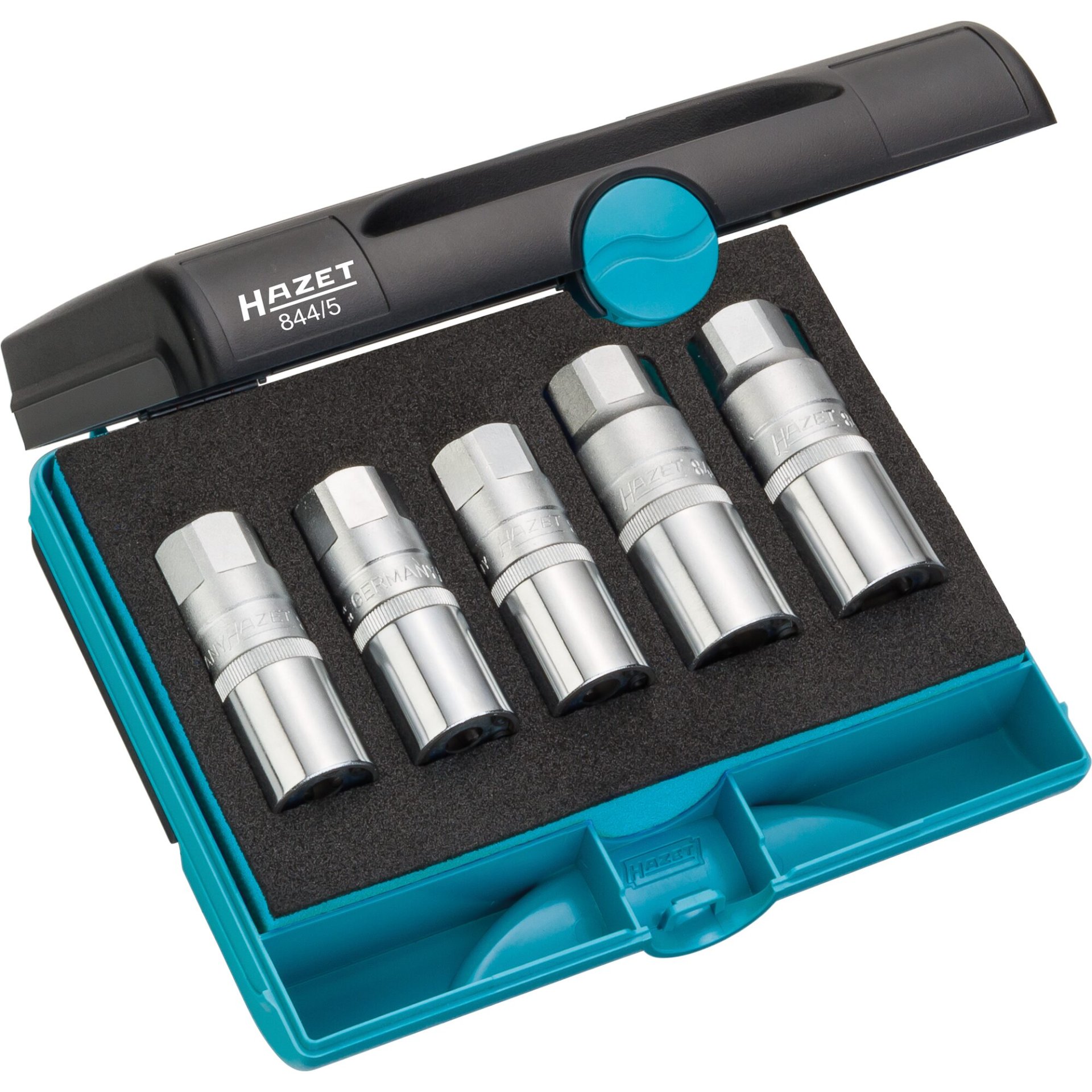 HAZET Juego de extractores de espárragos 844/5 ∙ Cuadrado hueco 1/2 pulgadas (12,5 mm) ∙ 185 mm x 153 mm x 52 mm ∙ Número de herramientas: 5