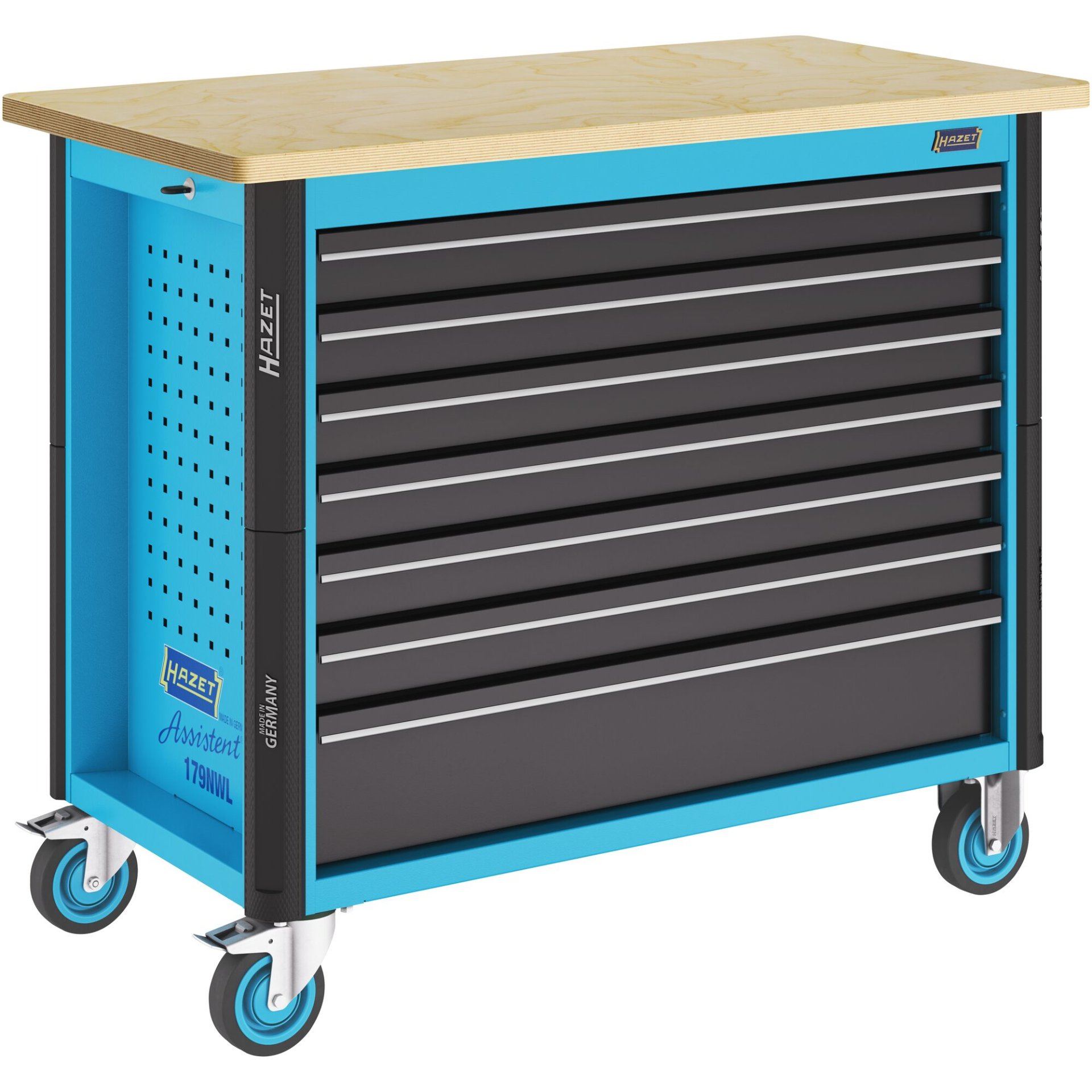 HAZET Fahrbare Werkbank Assistent 179NWL-7 ∙ L x B x H: 1150 mm x 600 mm x 965 mm ∙ Schubladen, flach: 6 x 81 x 870 x 398 mm ∙ Schubladen, hoch: 1 x 166 x 870 x 398 mm