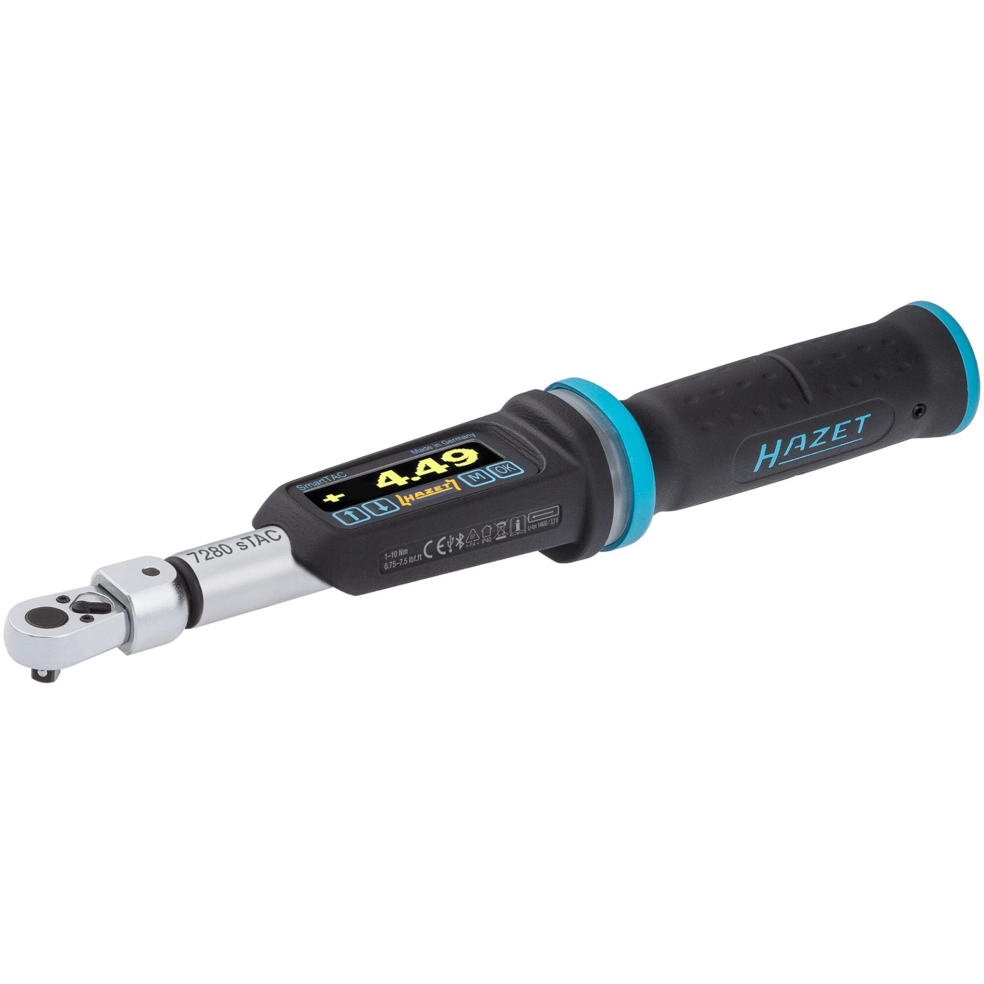 HAZET Electronic torque wrench with built-in angle gauge 7280-5STAC ∙ Torque range min-max: 1 – 10 Nm ∙ lbf min-max: 0.75 – 7.5 lbf.ft∙ Accuracy: 2% ∙ 9 x 12 mm insert square, 1/4 inch (6.3 mm) square, solid ∙ 260 mm
