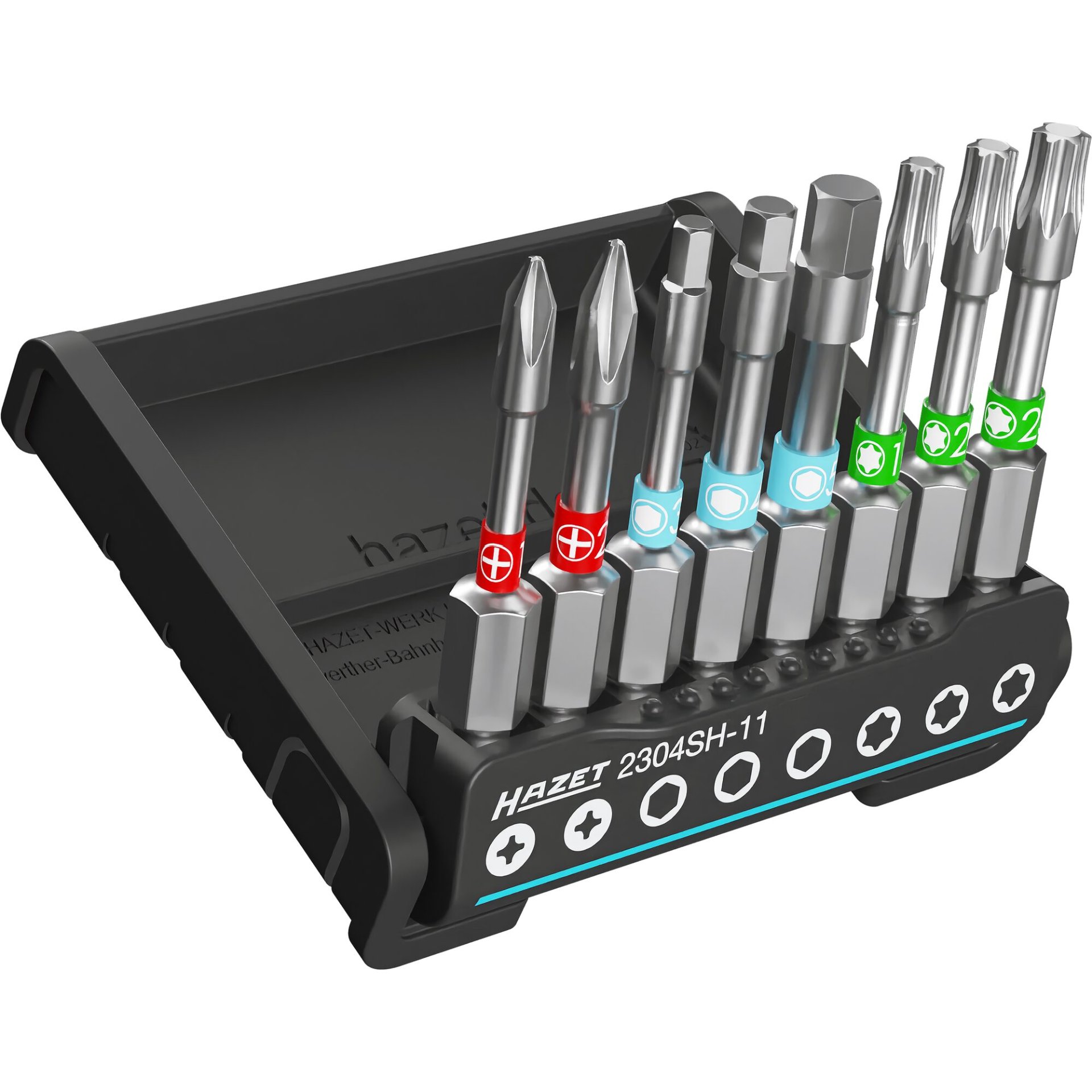 HAZET SmartHolder mit 8 Bits ∙ lang 2304SH-11 ∙ 1/4 Zoll (6,3 mm) Sechskant massiv ∙ Innen Sechskant Profil, Kreuzschlitz Profil PH, Innen TORX® Profil ∙ PH1 ∙ PH 2 ∙ 3 – 5 mm ∙ T15 ∙ T20 ∙ T25 ∙ Anzahl Werkzeuge: 8