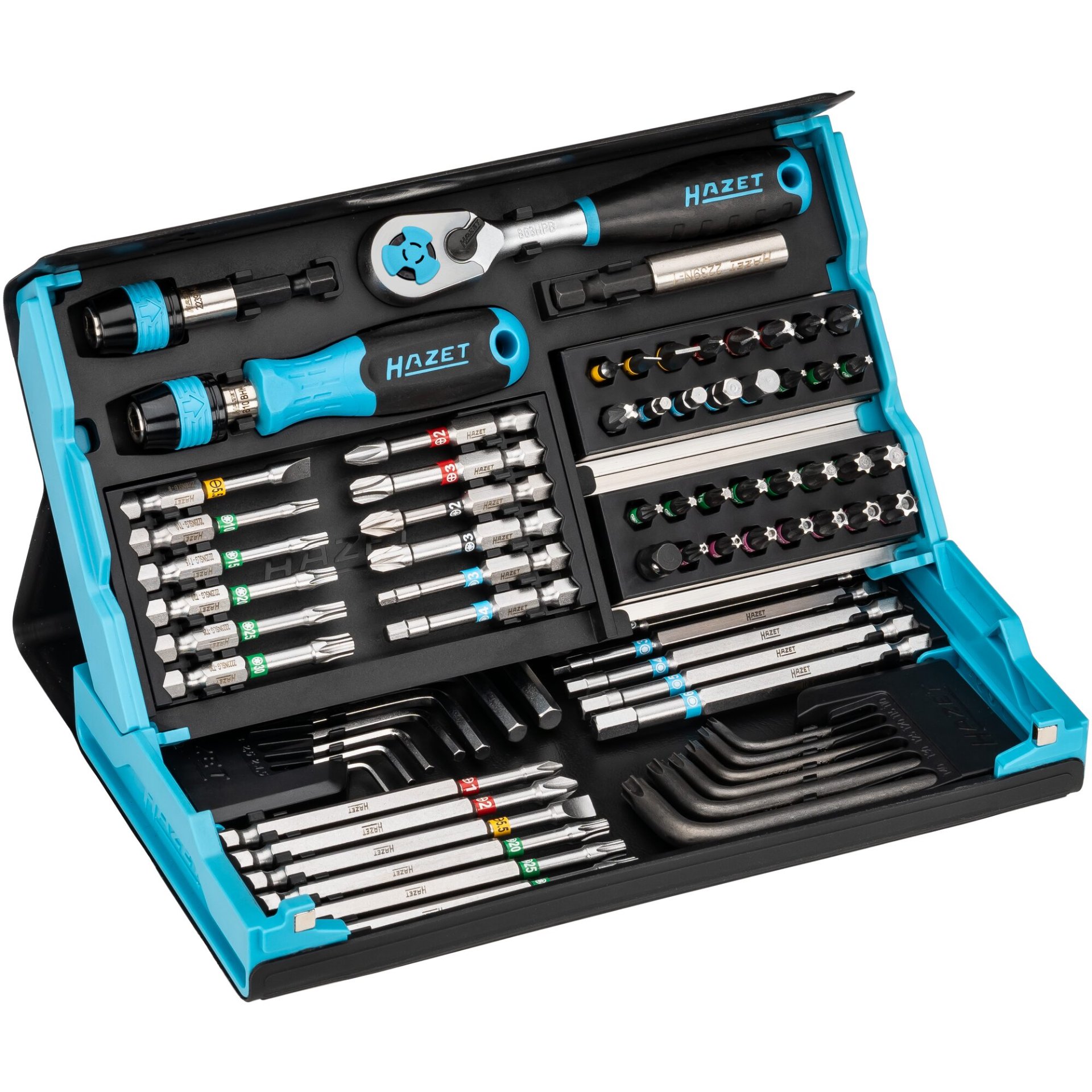 HAZET SmartCase Bit Satz 2200SC-31 ∙ 1/4 Zoll (6,3 mm) Sechskant massiv ∙ Schlitz Profil, Kreuzschlitz Profil PH, Pozidriv Profil PZ, Innen Sechskant Profil, Innen TORX® Profil, Tamper Resistant TORX® Profil ∙ 0,4 x 1,5 – 1,2 x 6,5 ∙ 1,5 – 6 ∙ PH1 – PH3 ∙ PZ1 – PZ3 ∙ T6 – T40 ∙ Anzahl Werkzeuge: 73