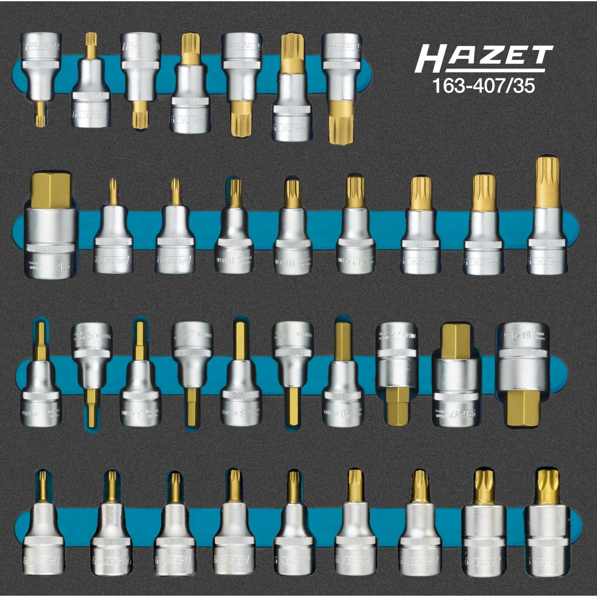 HAZET Schraubendreher-Steckschlüsseleinsatz Satz 163-407/35 ∙ 1/2 Zoll (12,5 mm) Vierkant hohl ∙ Innen Sechskant Profil, Innen Vielzahn Profil XZN, Innen Keilprofil Ribe-CV, Innen TORX® Profil ∙ 4 – 22 ∙ M5 – M18 ∙ T20 – T60 ∙ Anzahl Werkzeuge: 35